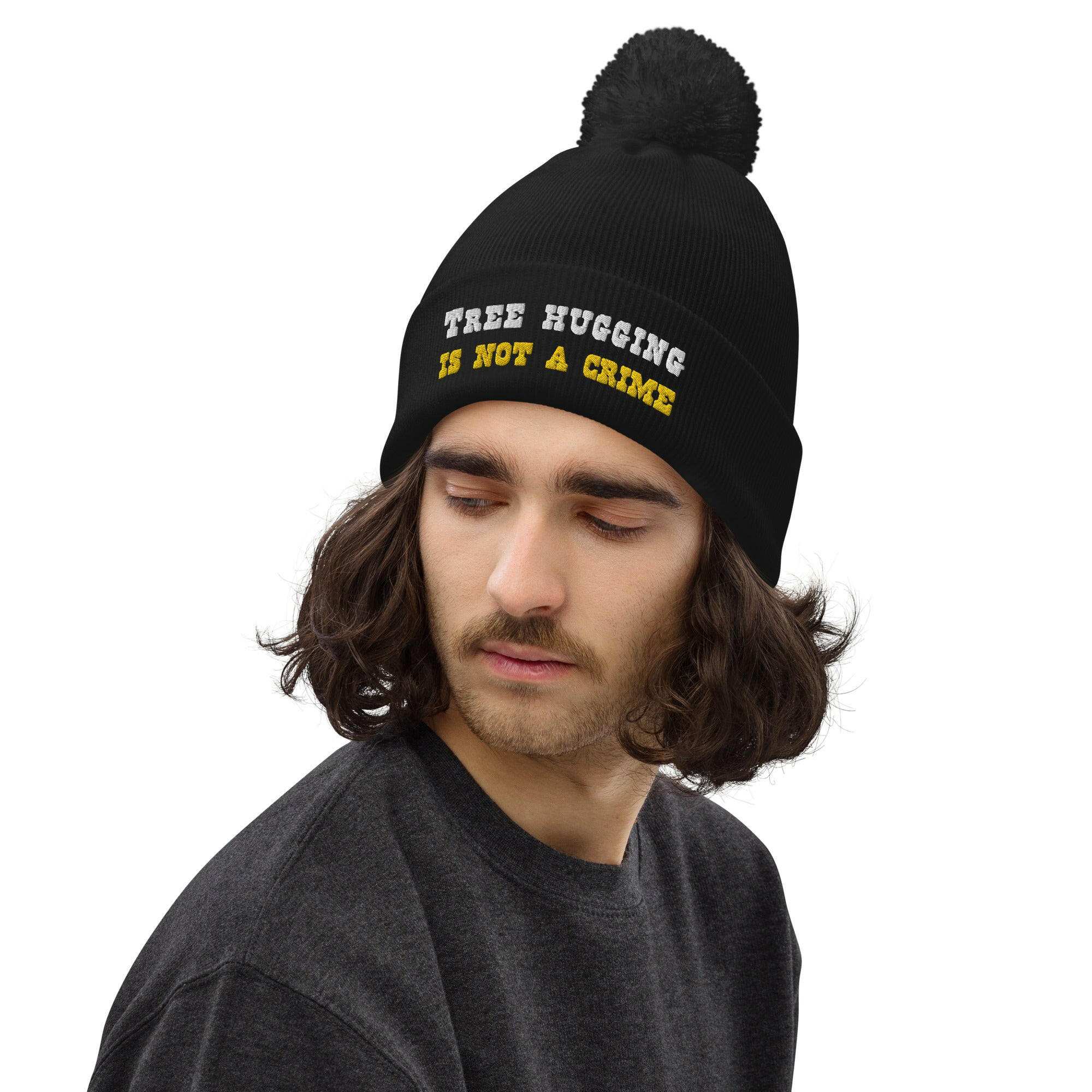 Pom pom beanie Tree Hugging is not a crime White/Gold