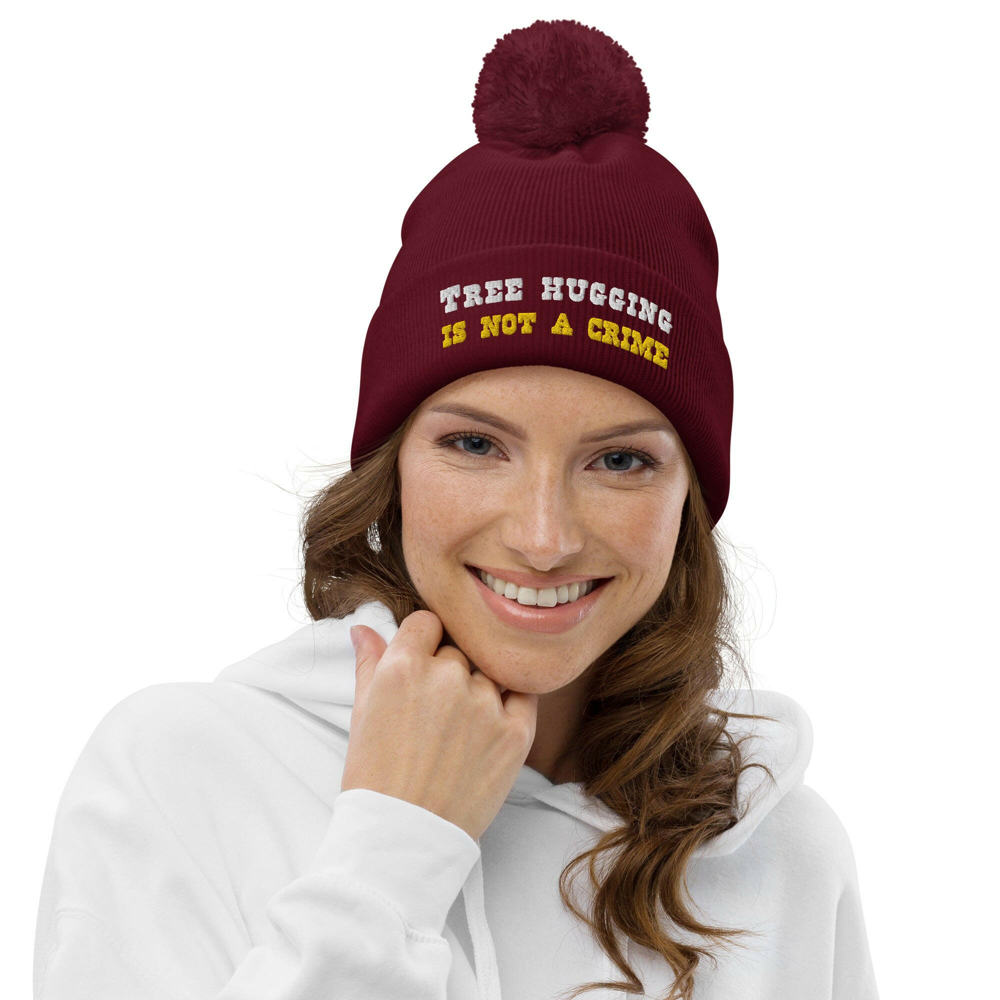 Pom pom beanie Tree Hugging is not a crime White/Gold