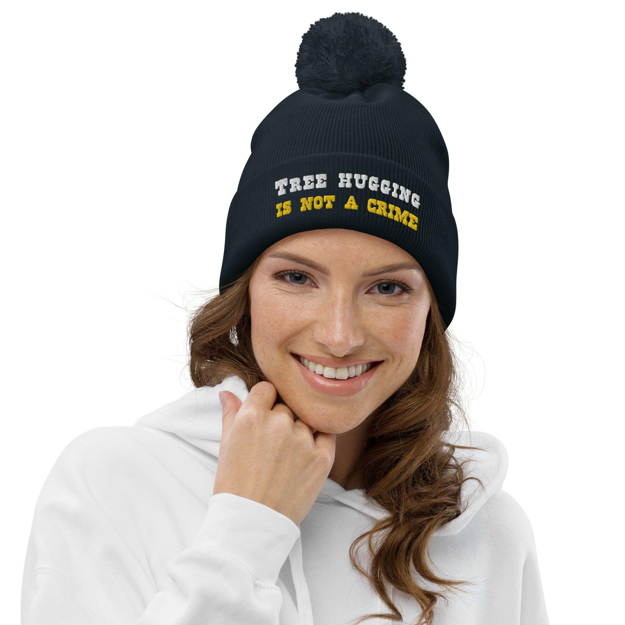Pom pom beanie Tree Hugging is not a crime White/Gold