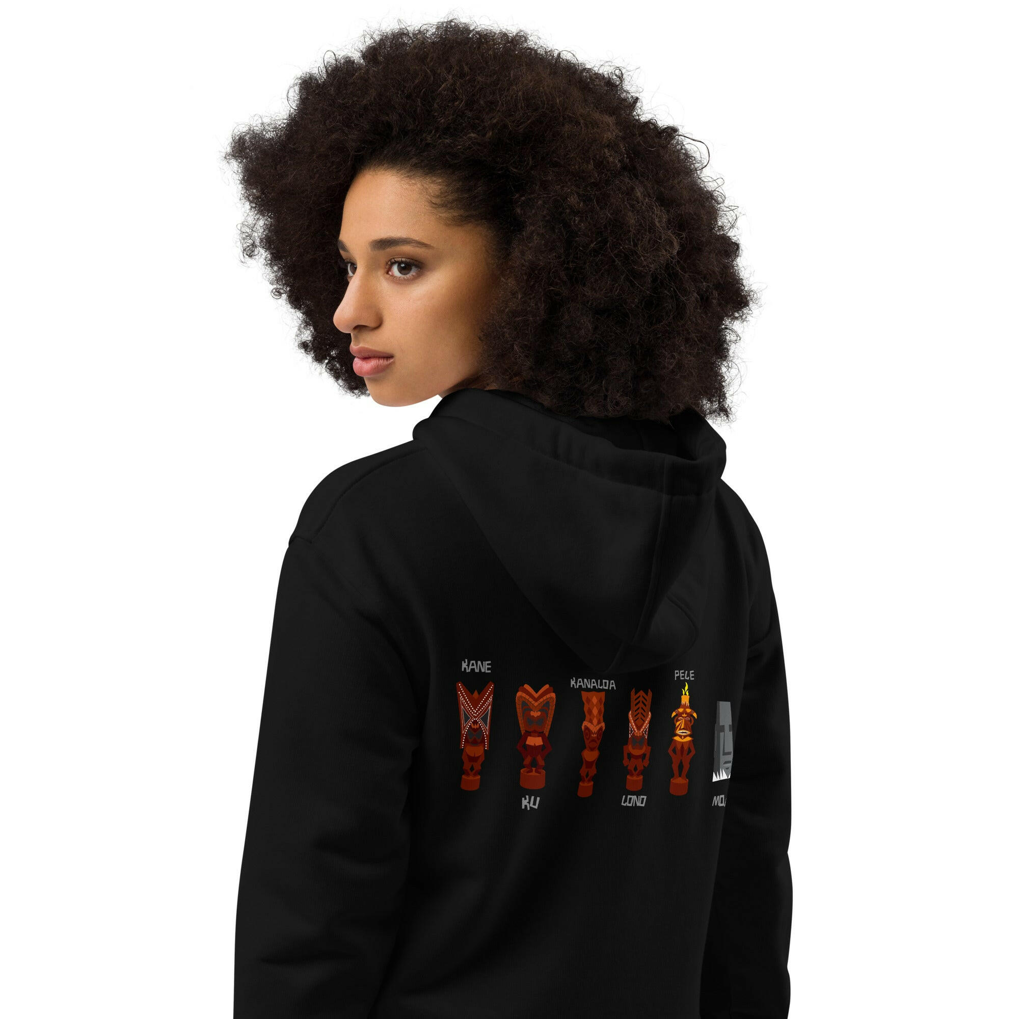 Sweat à capuche premium écologique Ku Tiki God (face) + Tiki Gods (dos)