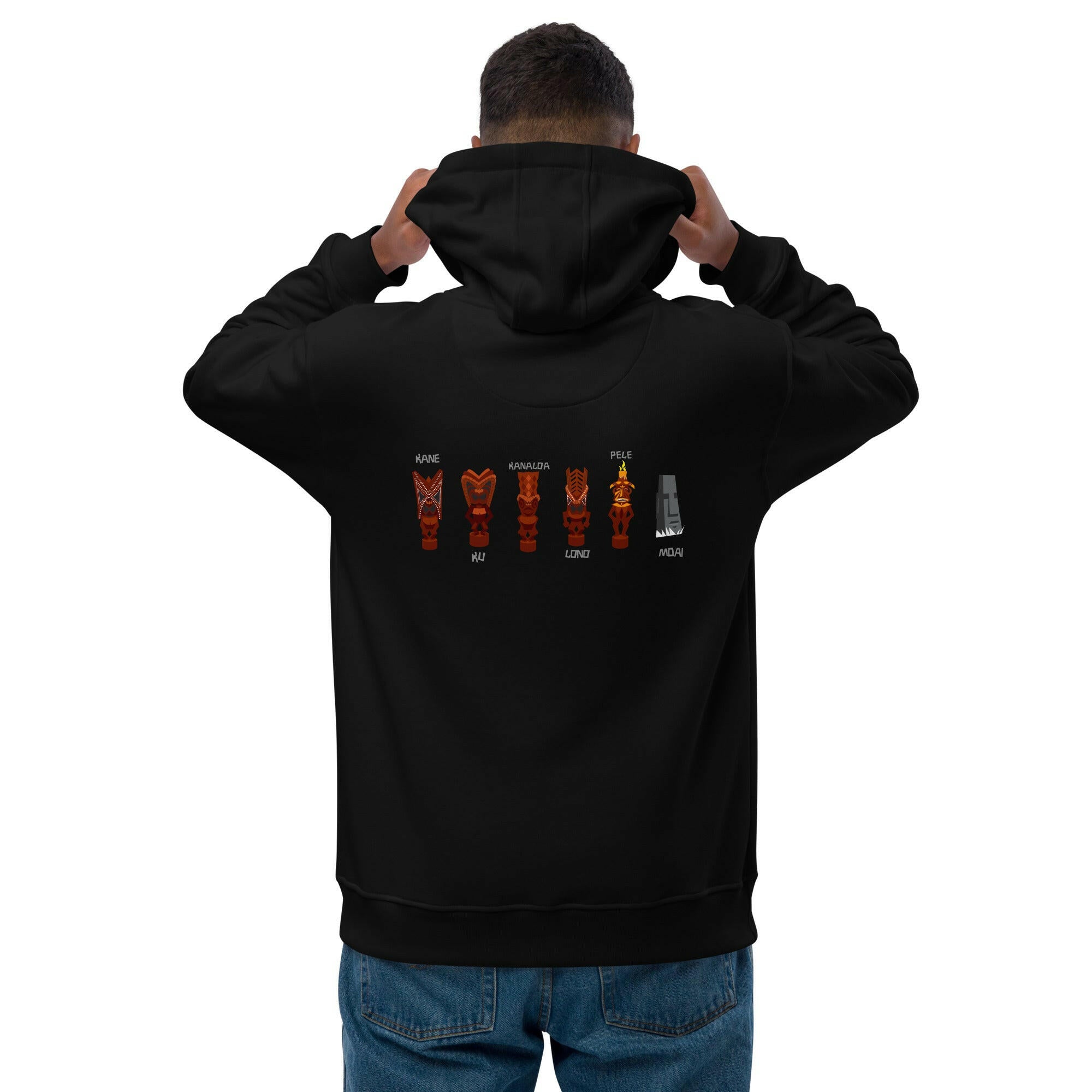 Sweat à capuche premium écologique Ku Tiki God (face) + Tiki Gods (dos)
