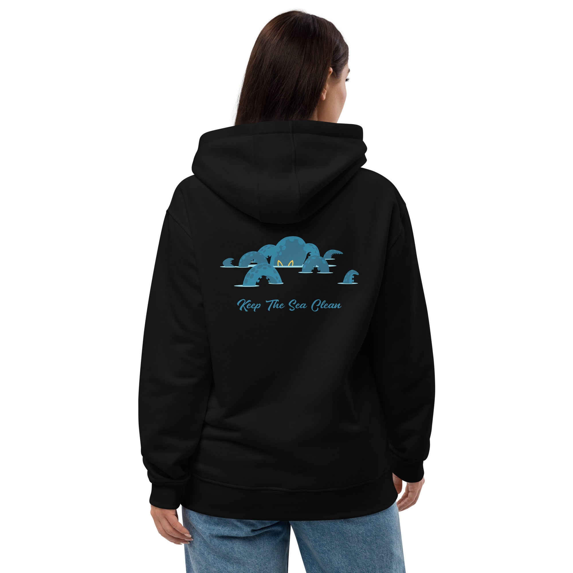 Sweat à capuche premium écologique Keep the Sea Clean (face) & Octopus Blue (dos)