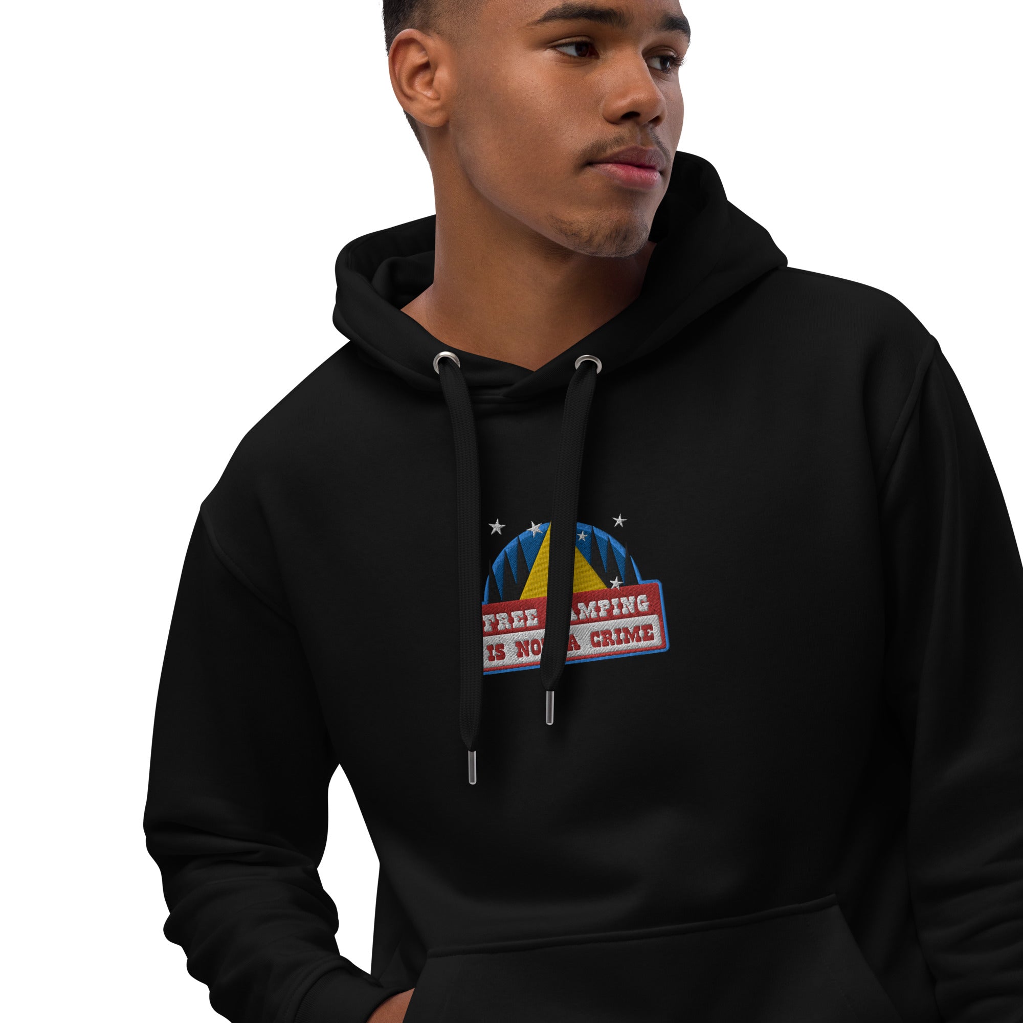 Premium eco hoodie Free camping is not a crime graphic multicolor embroidered pattern