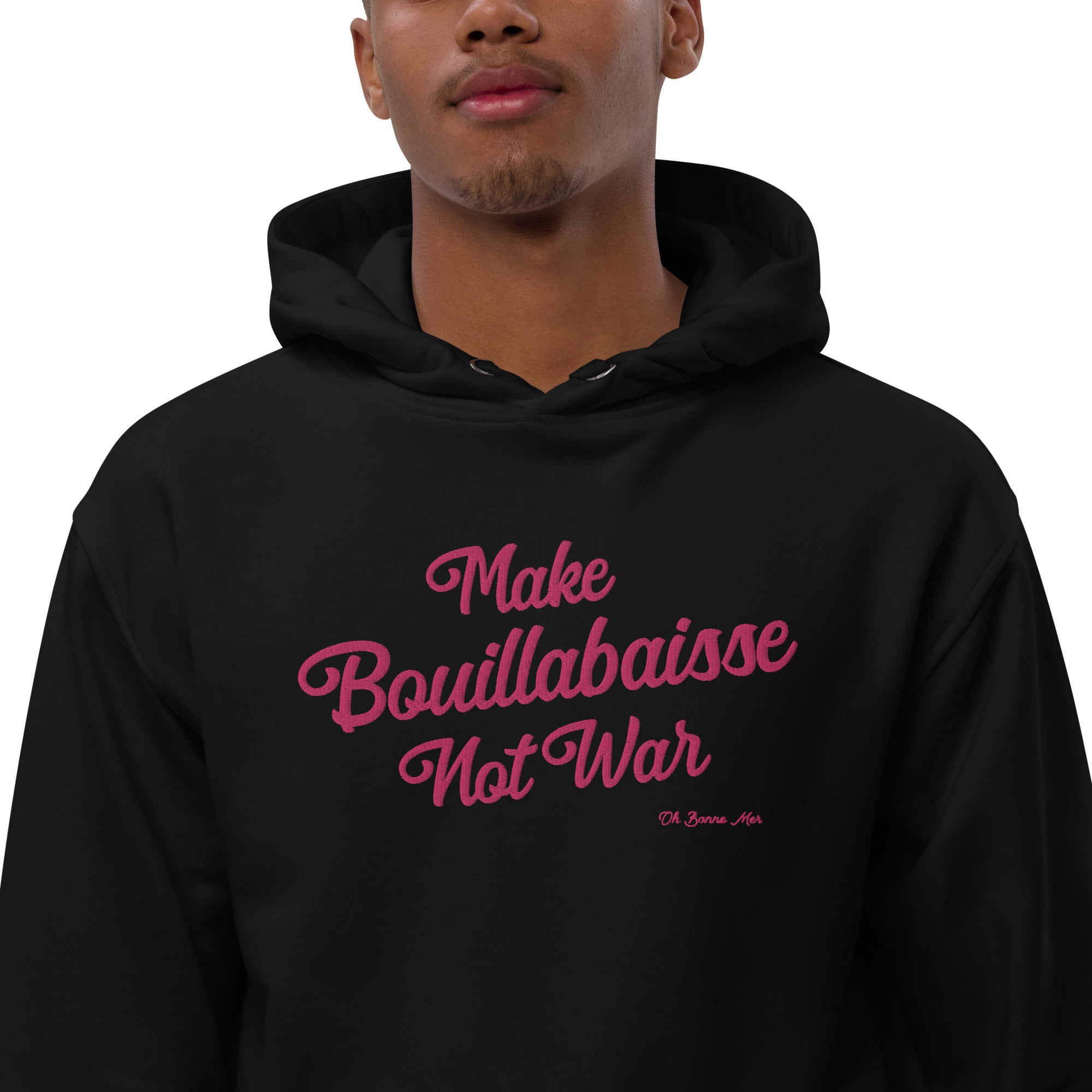 Sweat à capuche premium écologique Make Bouillabaisse Not War grand motif brodé flamingo