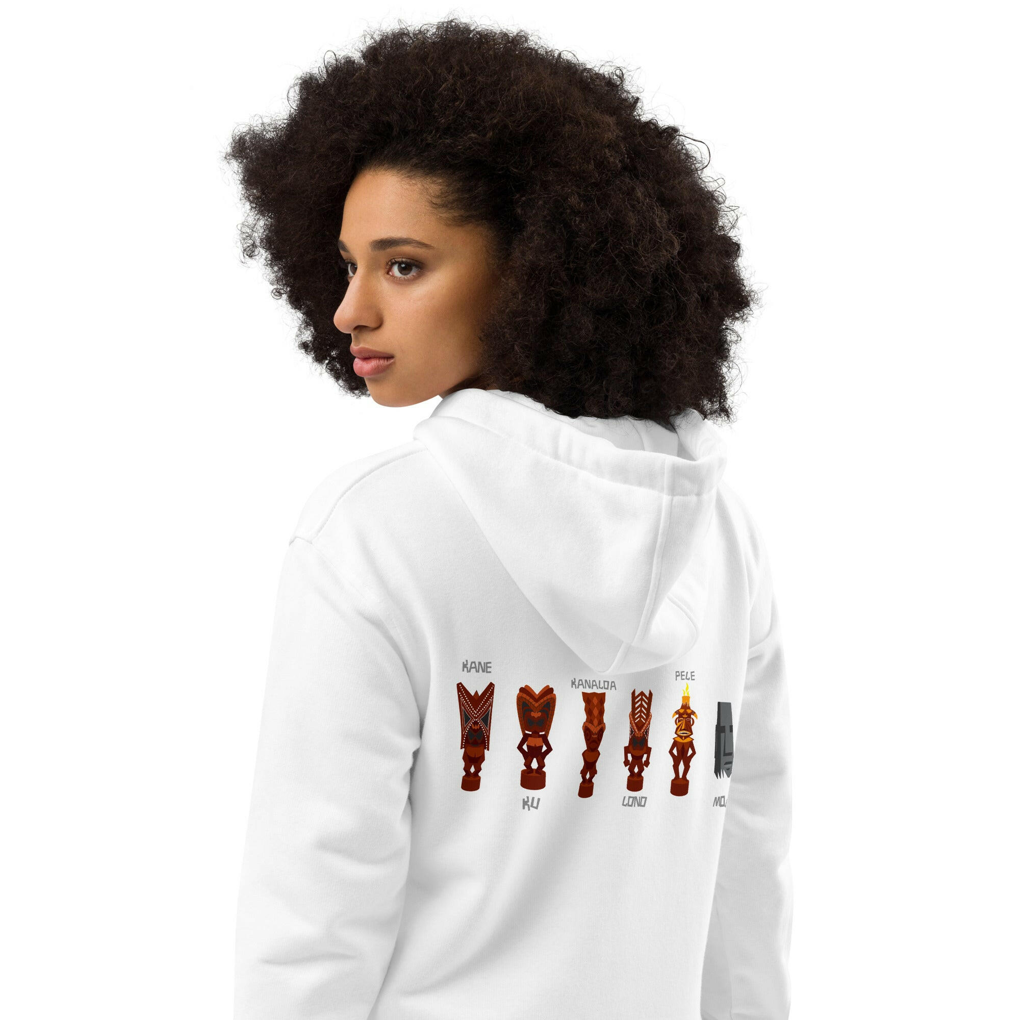 Sweat à capuche premium écologique Ku Tiki God (face) + Tiki Gods (dos)