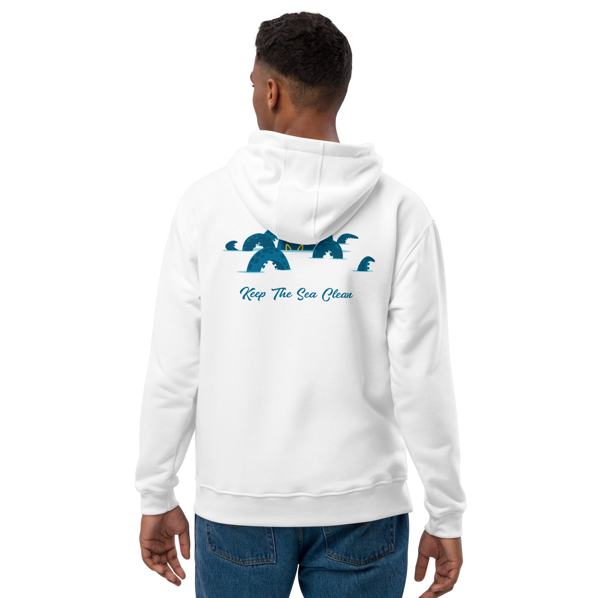 Sweat à capuche premium écologique Keep the Sea Clean (face) & Octopus Blue (dos)