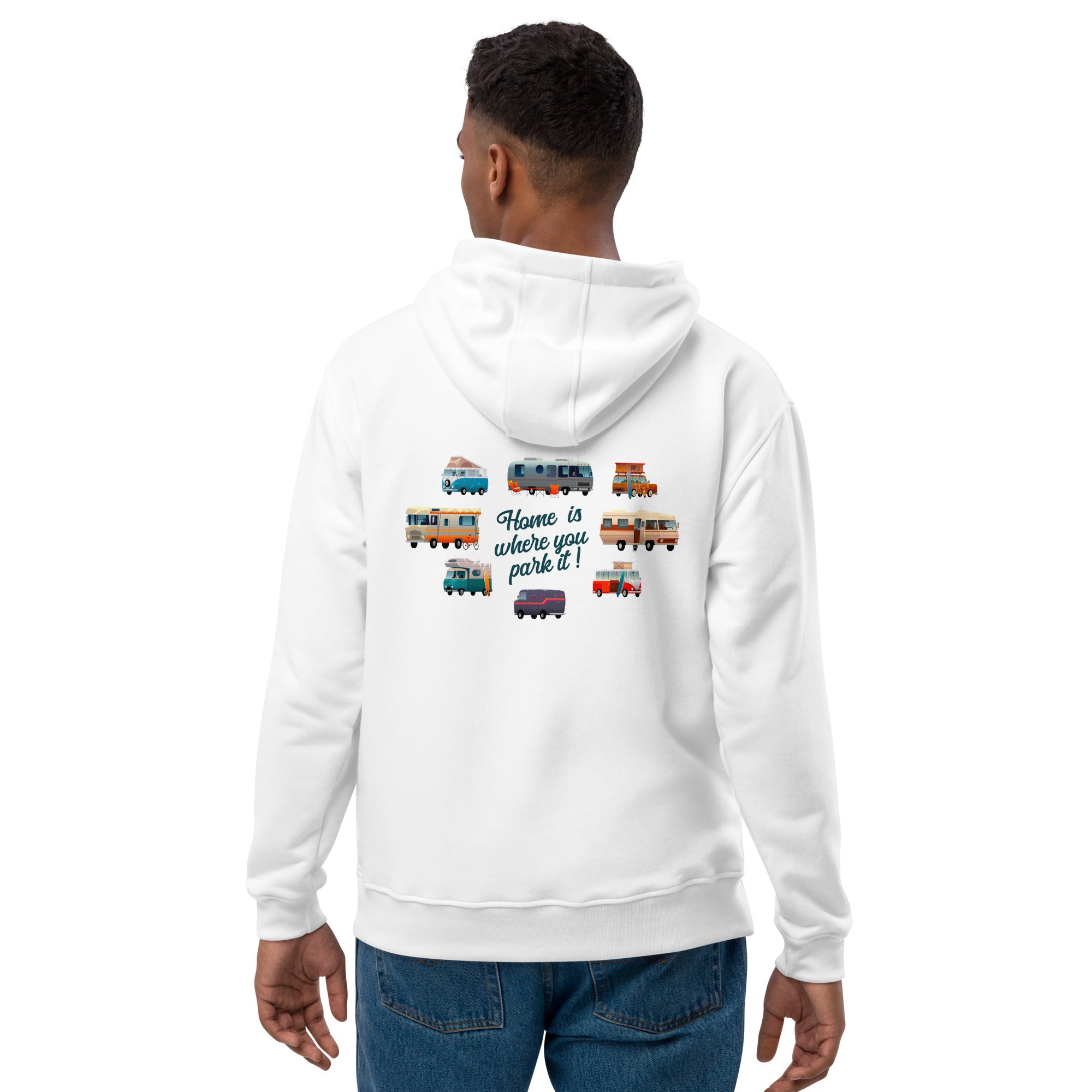 Premium eco hoodie Square Vintage Campers Home is where you park it white embroidered pattern