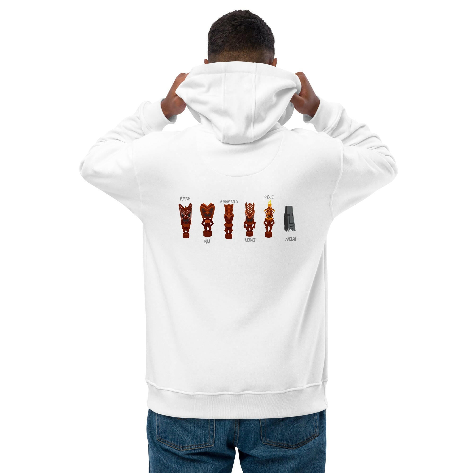 Sweat à capuche premium écologique Ku Tiki God (face) + Tiki Gods (dos)