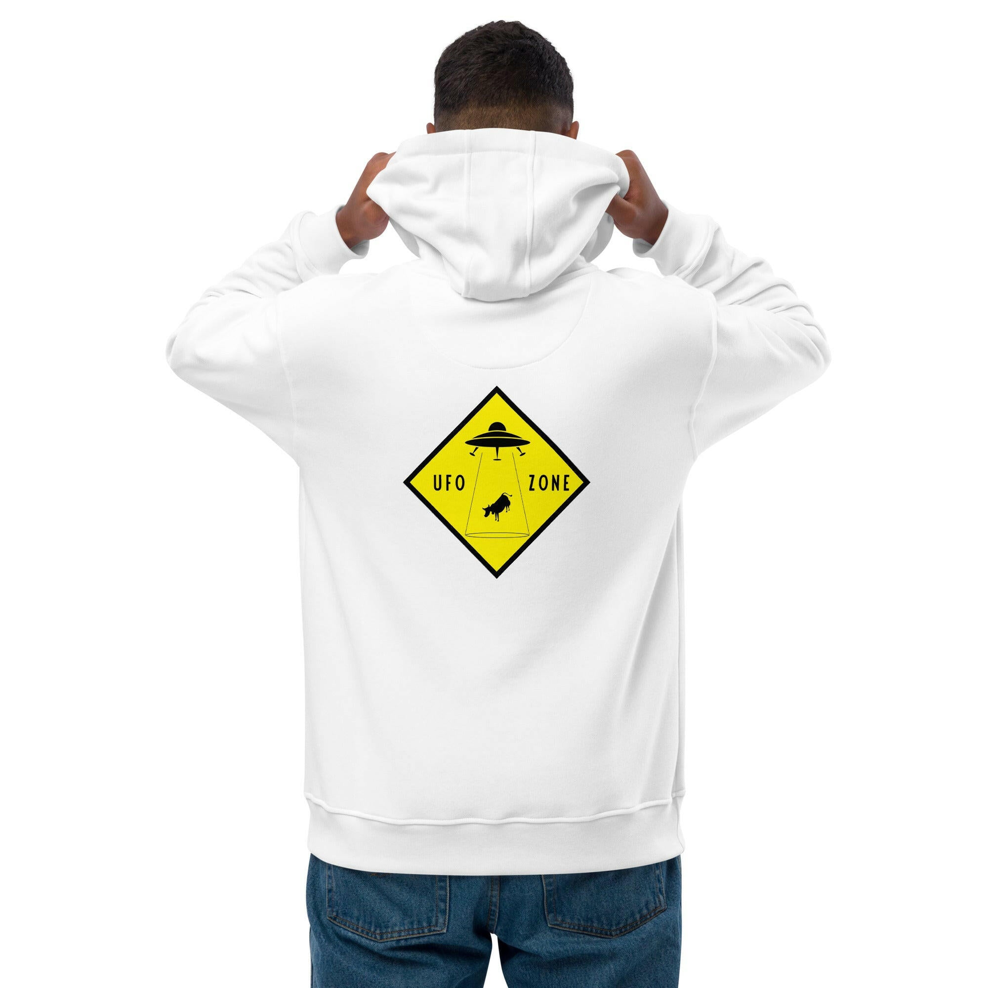 Sweat à capuche premium écologique Tiki UFO (face) + UFO Zone (dos)