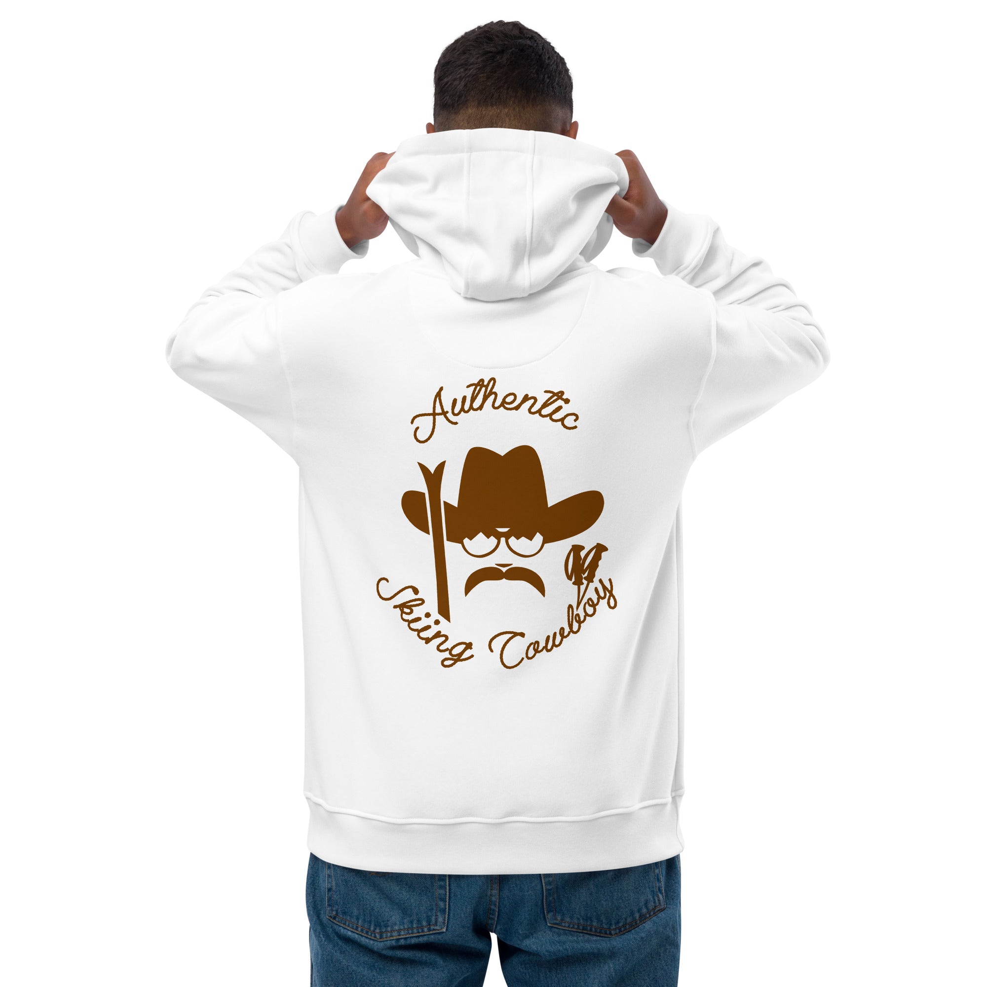 Sweat à capuche premium écologique Authentic Skiing Cowboy Brun (face & dos)