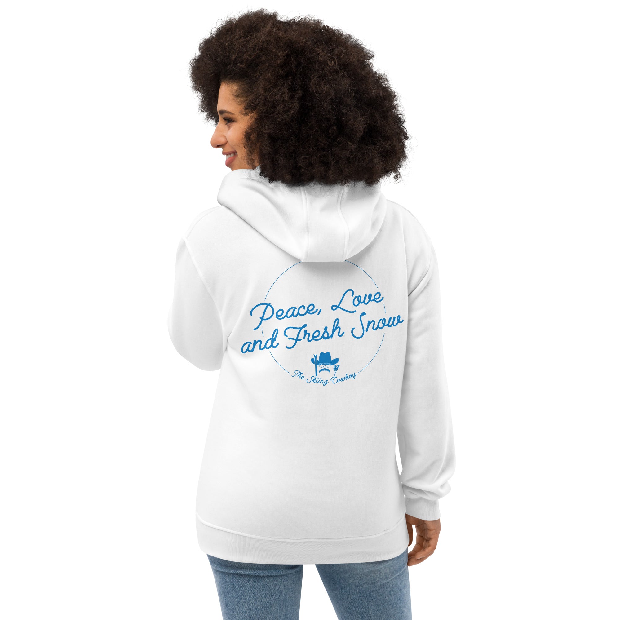 Sweat à capuche premium écologique Peace, Love and Fresh Snow (face & dos)