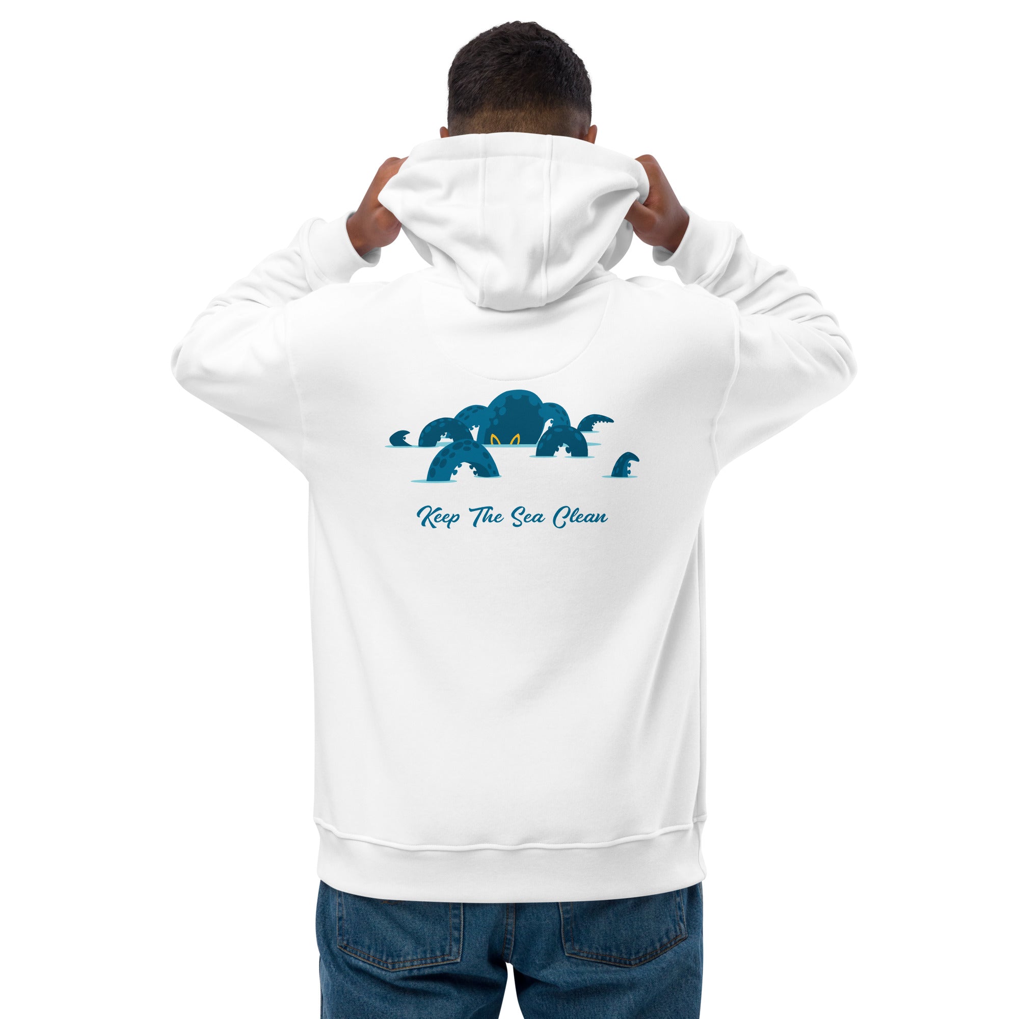 Sweat à capuche premium écologique Keep the Sea Clean (face) & Octopus Blue (dos)