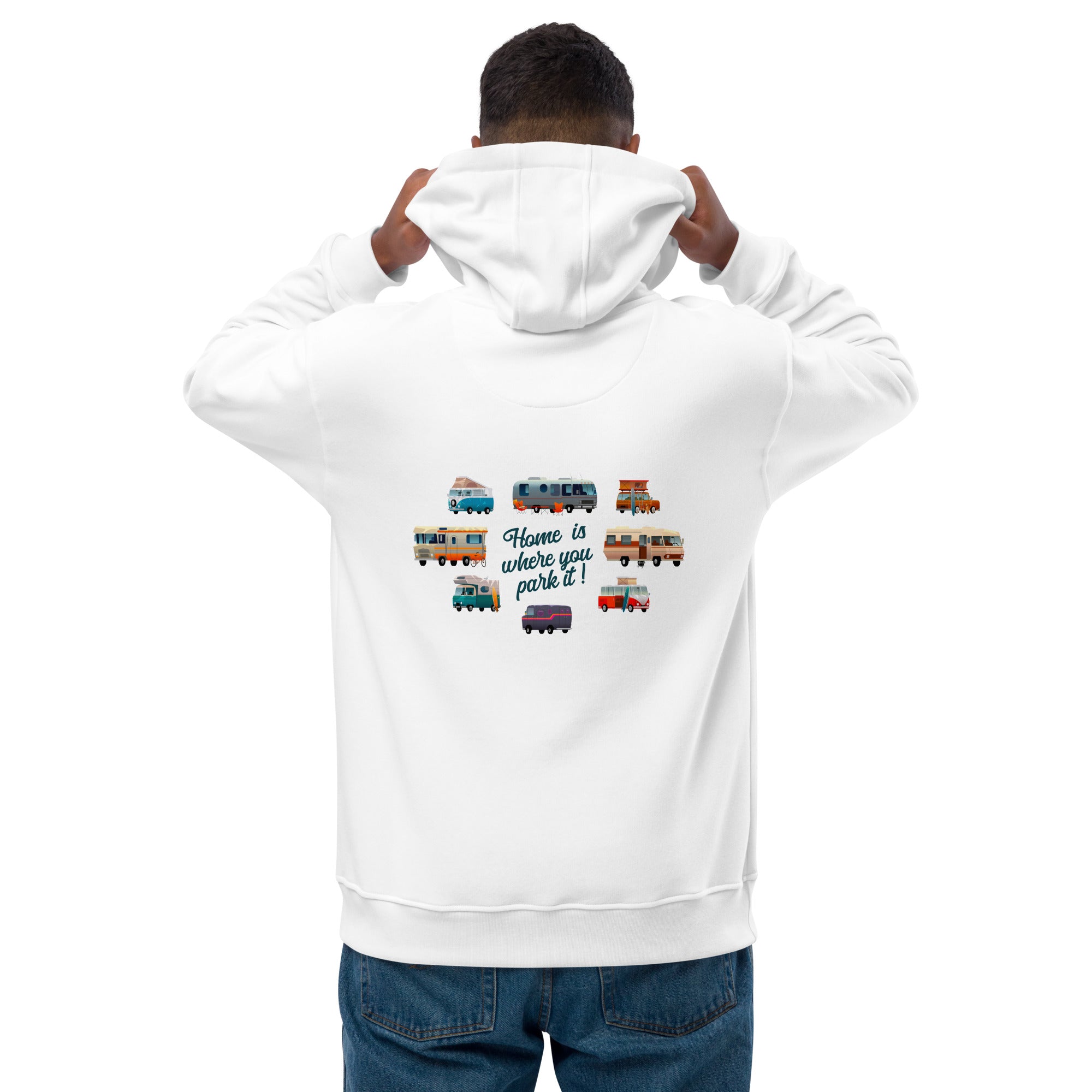 Premium eco hoodie Square Vintage Campers Home is where you park it white embroidered pattern