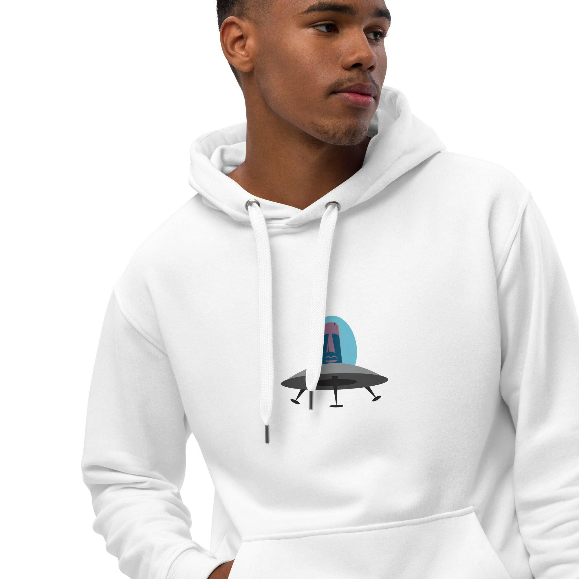 Sweat à capuche premium écologique Tiki UFO (face) + UFO Zone (dos)