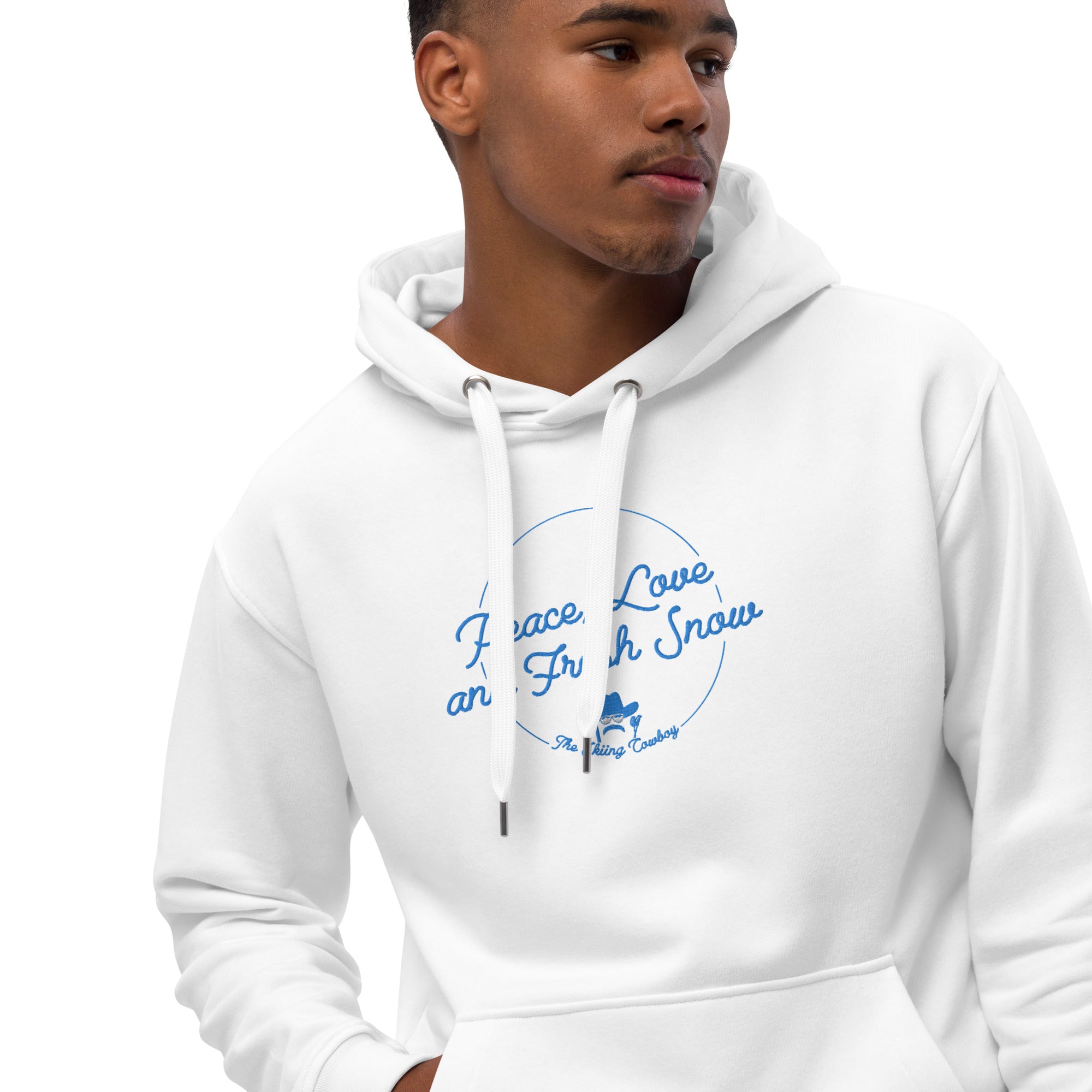 Sweat à capuche premium écologique Peace, Love and Fresh Snow brodé