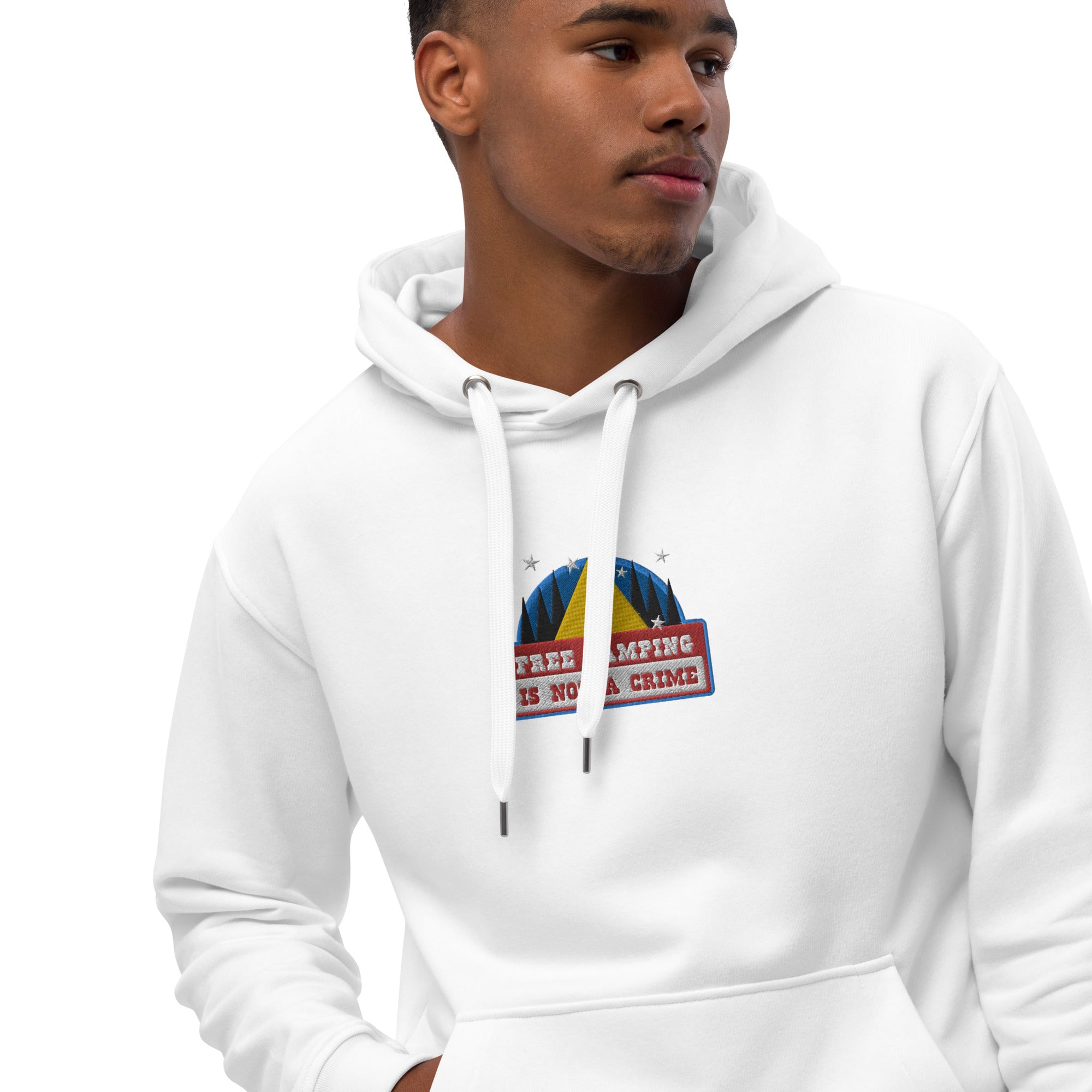 Premium eco hoodie Free camping is not a crime graphic multicolor embroidered pattern