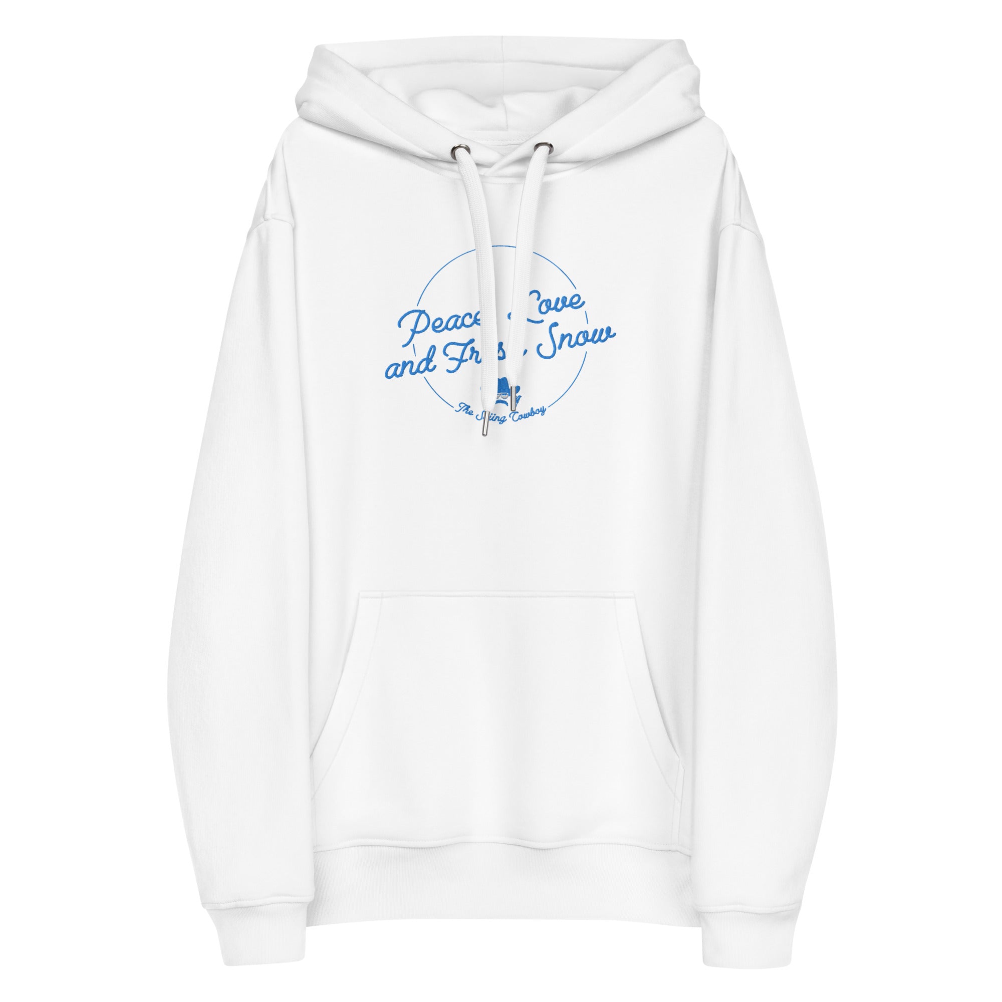 Sweat à capuche premium écologique Peace, Love and Fresh Snow brodé