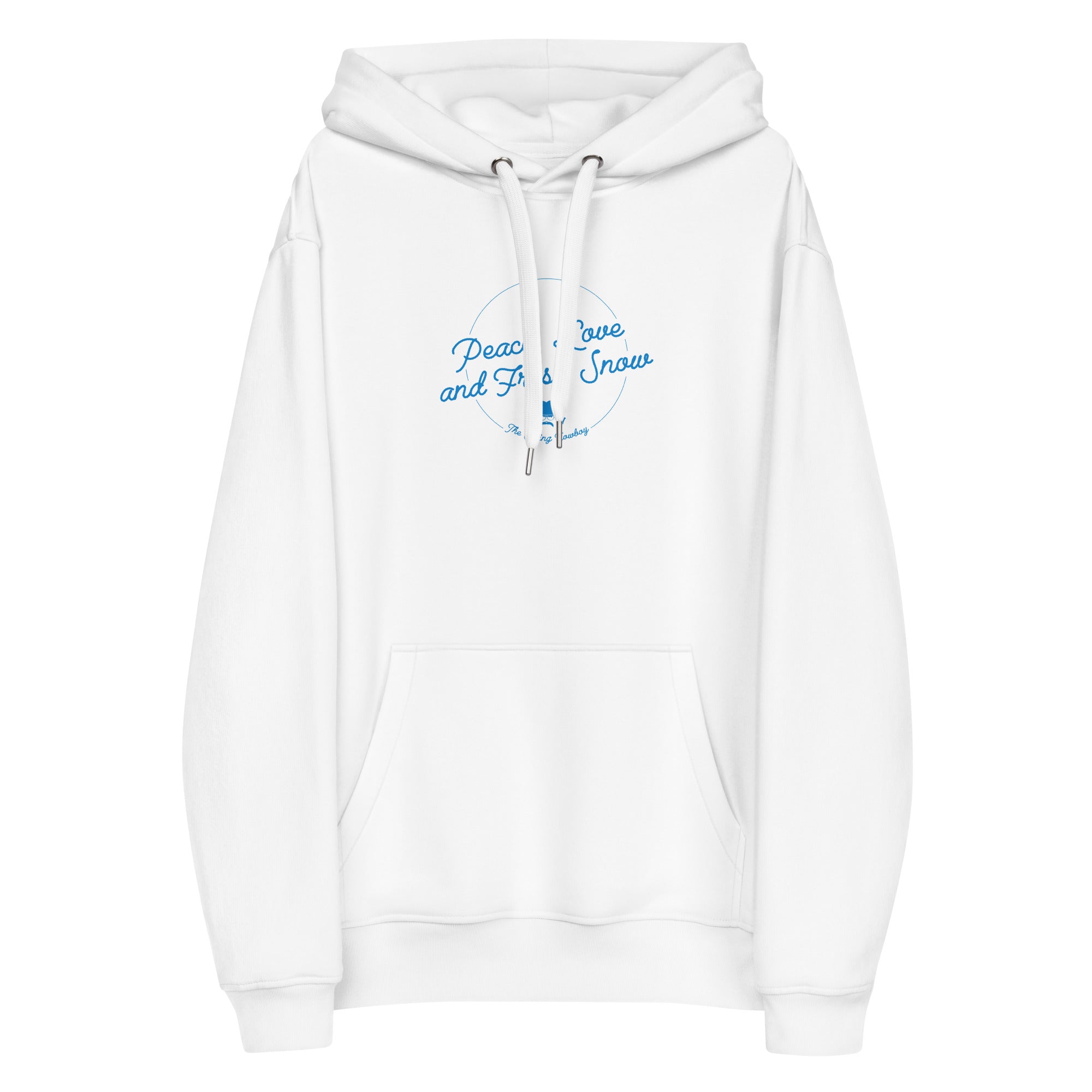 Sweat à capuche premium écologique Peace, Love and Fresh Snow (face & dos)