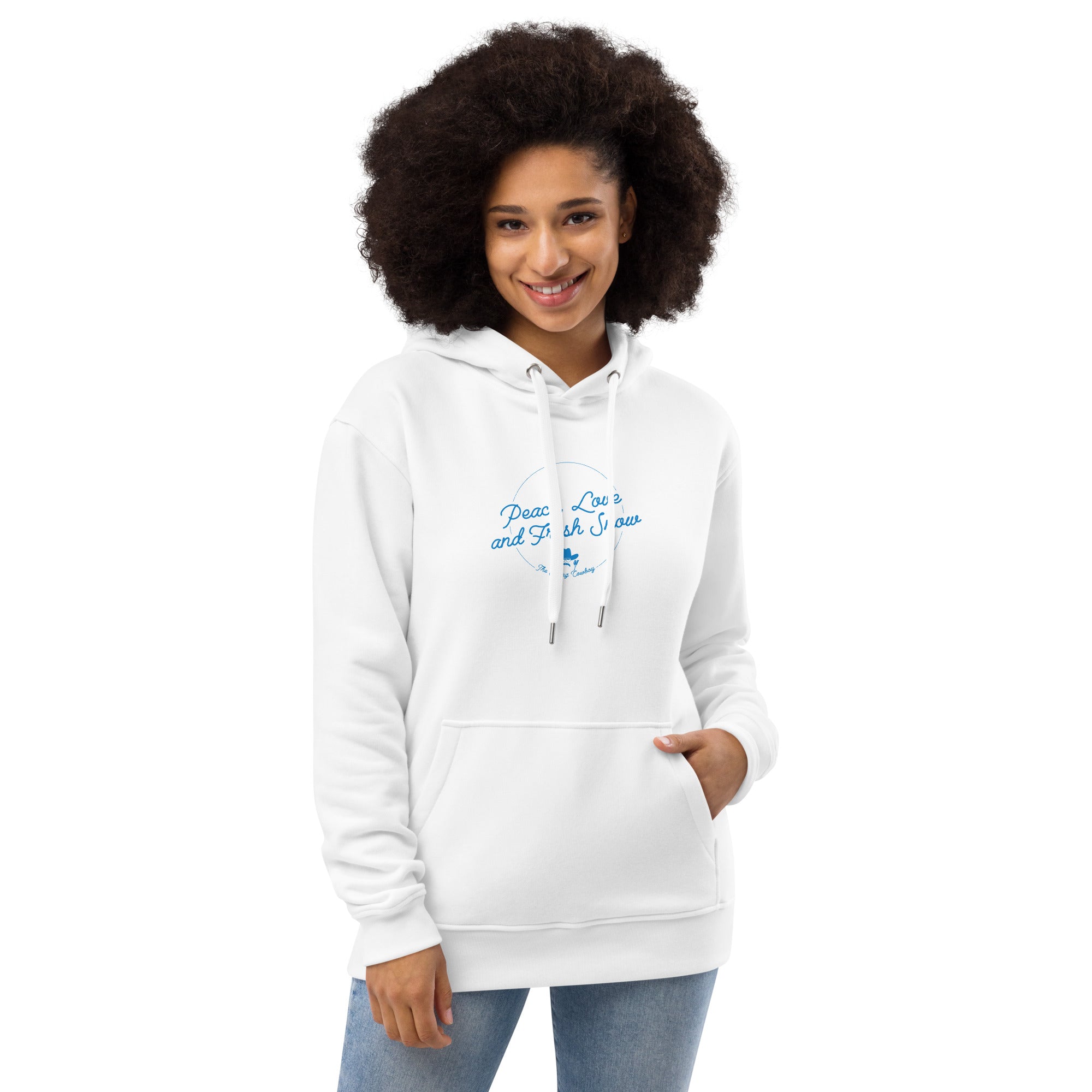 Sweat à capuche premium écologique Peace, Love and Fresh Snow (face & dos)