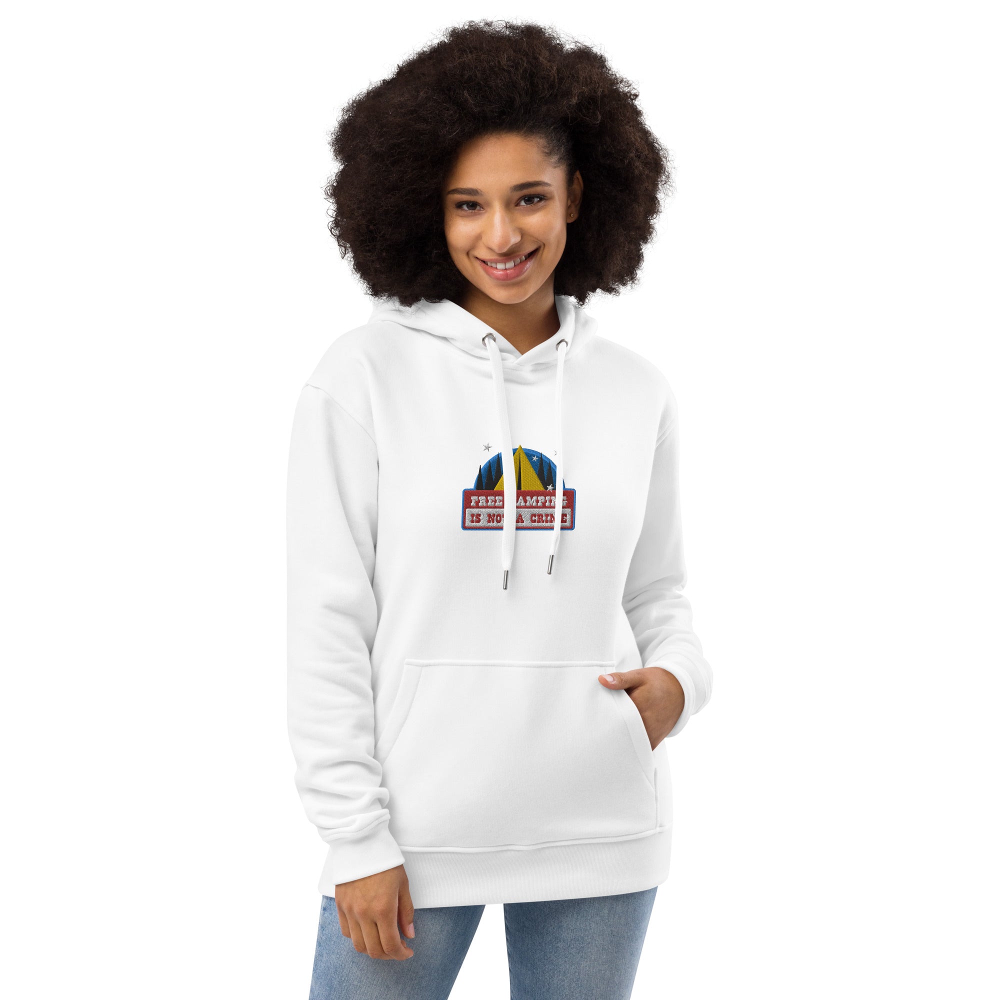Premium eco hoodie Free camping is not a crime graphic multicolor embroidered pattern