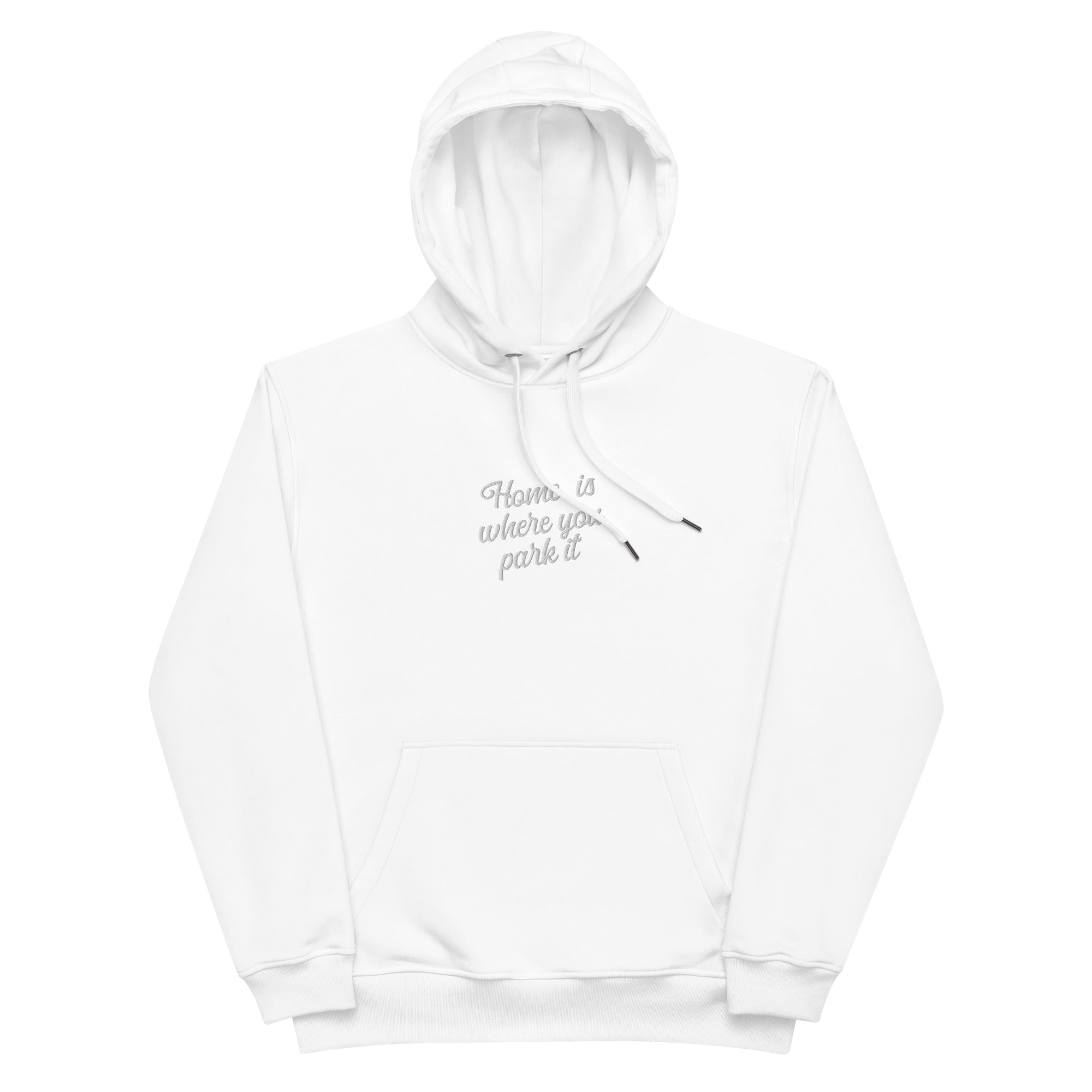 Premium eco hoodie Square Vintage Campers Home is where you park it white embroidered pattern