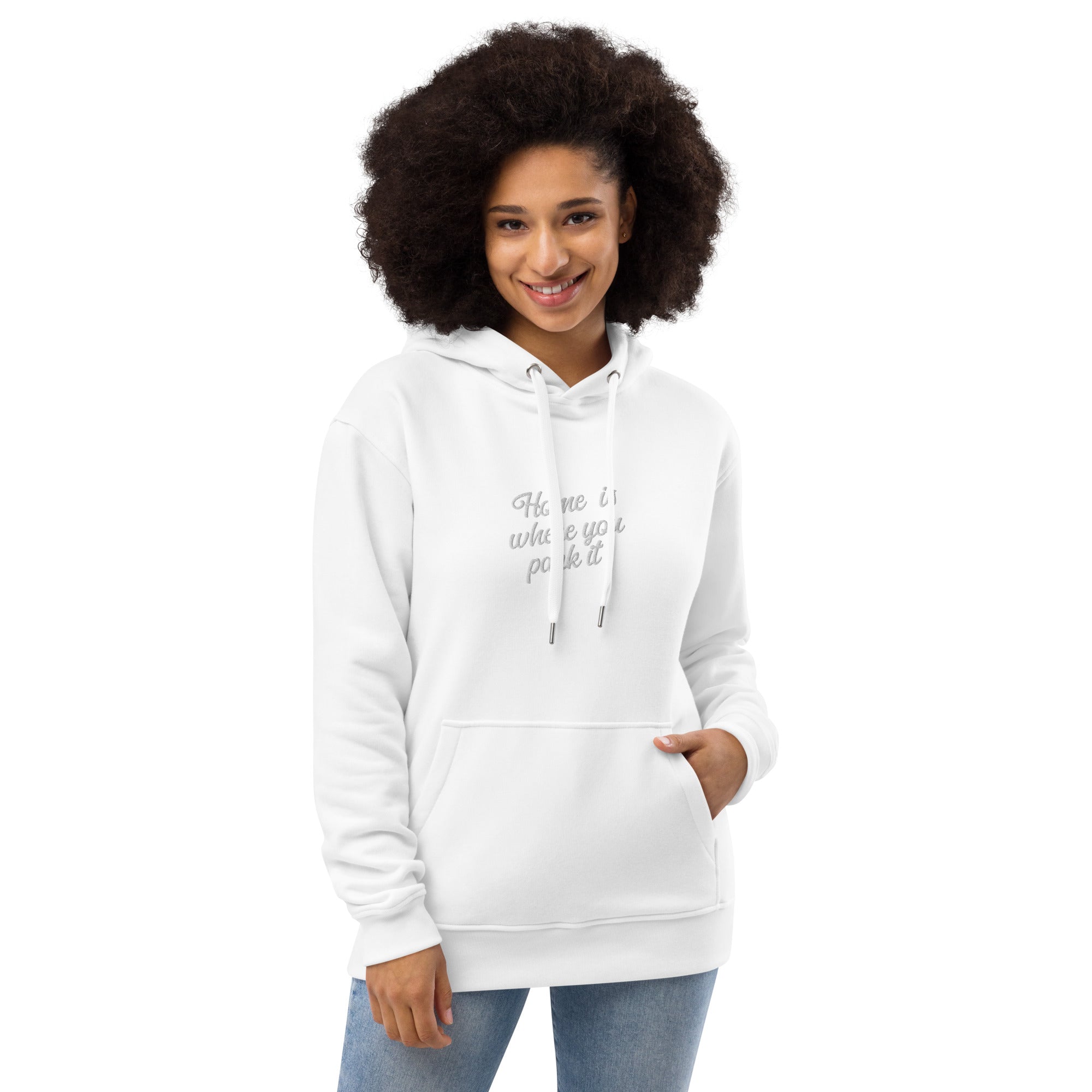 Premium eco hoodie Square Vintage Campers Home is where you park it white embroidered pattern