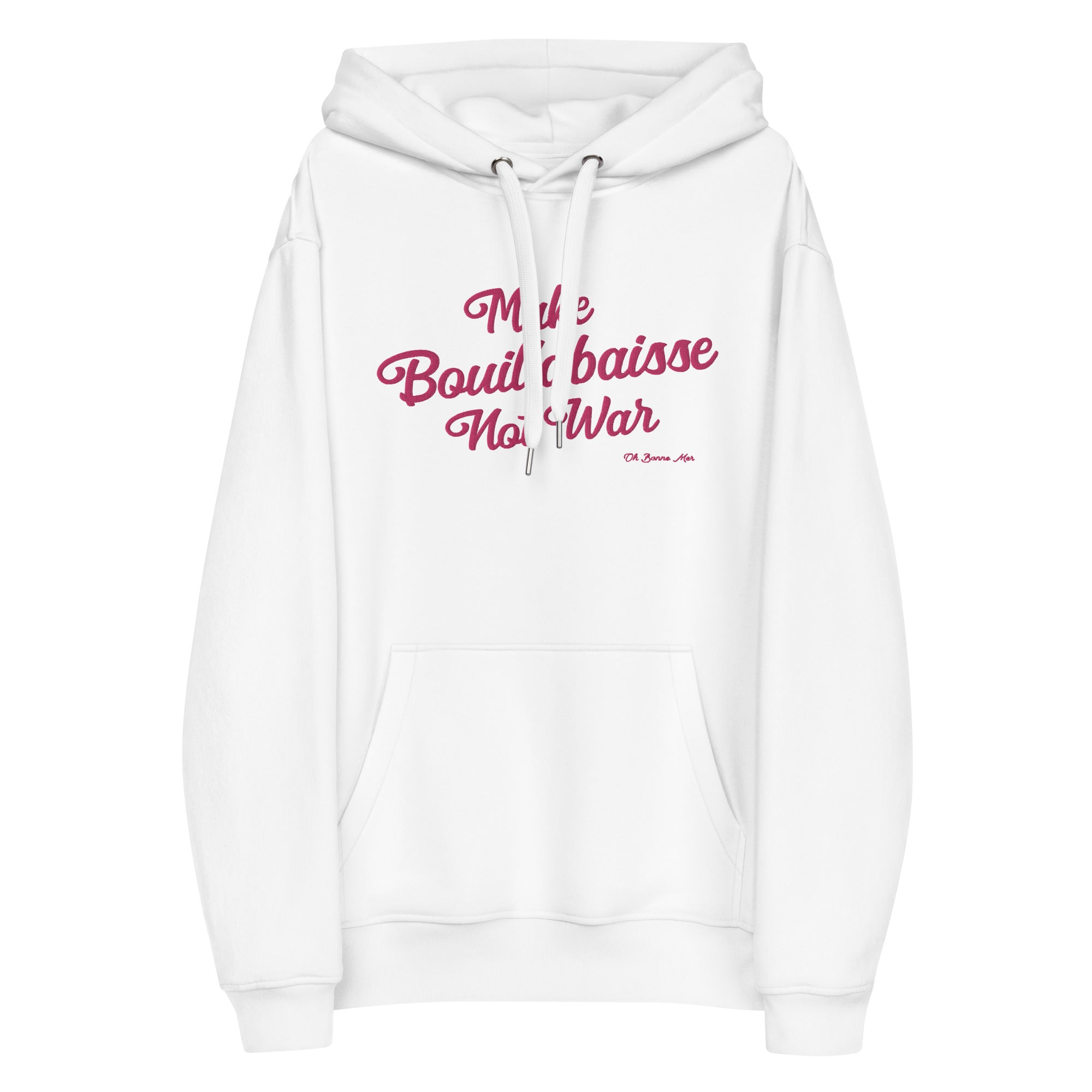 Sweat à capuche premium écologique Make Bouillabaisse Not War grand motif brodé flamingo