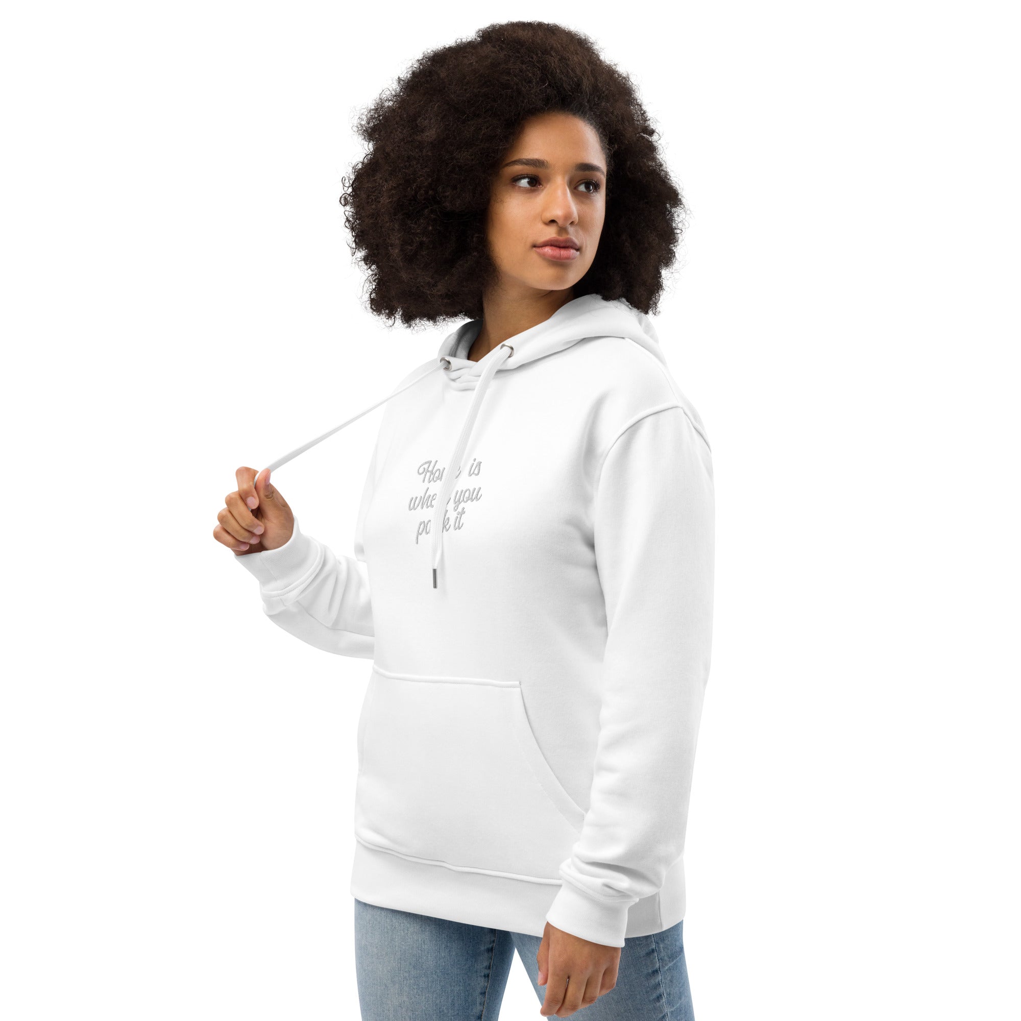 Premium eco hoodie Square Vintage Campers Home is where you park it white embroidered pattern