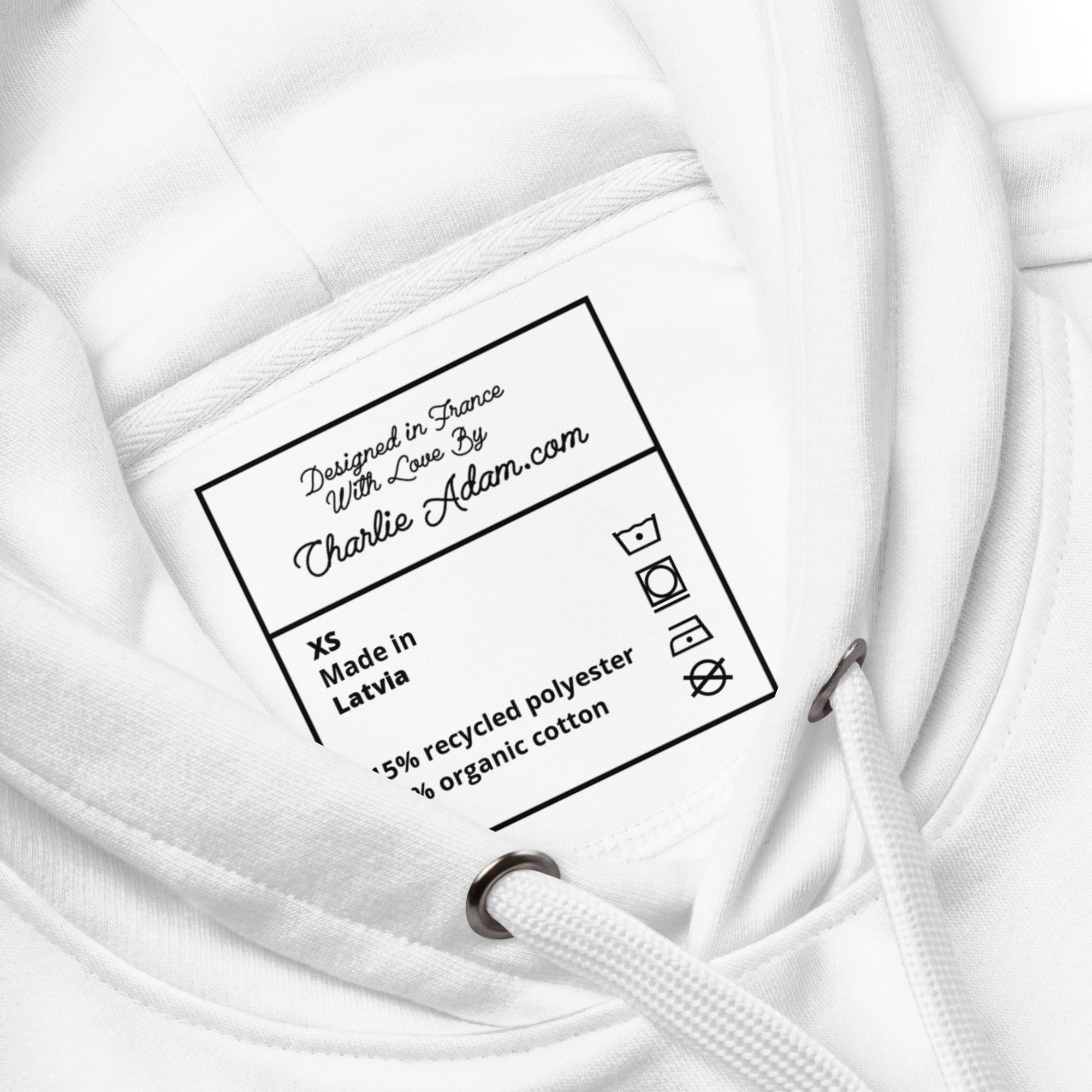 Sweat à capuche premium écologique Peace, Love and Fresh Snow (face & dos)