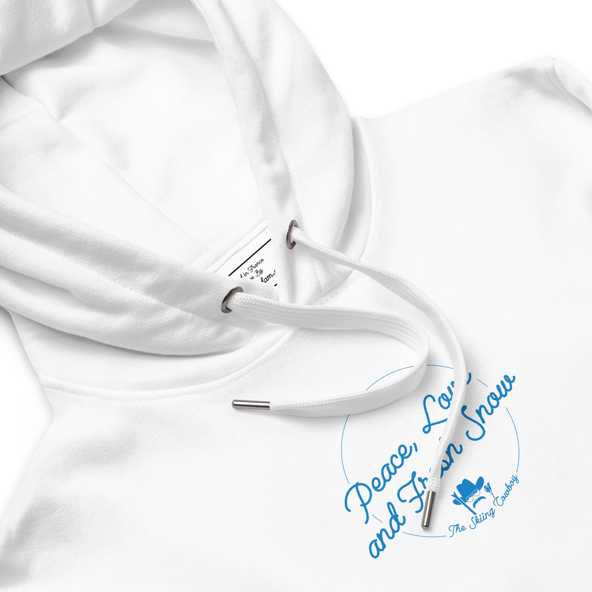 Sweat à capuche premium écologique Peace, Love and Fresh Snow (face & dos)
