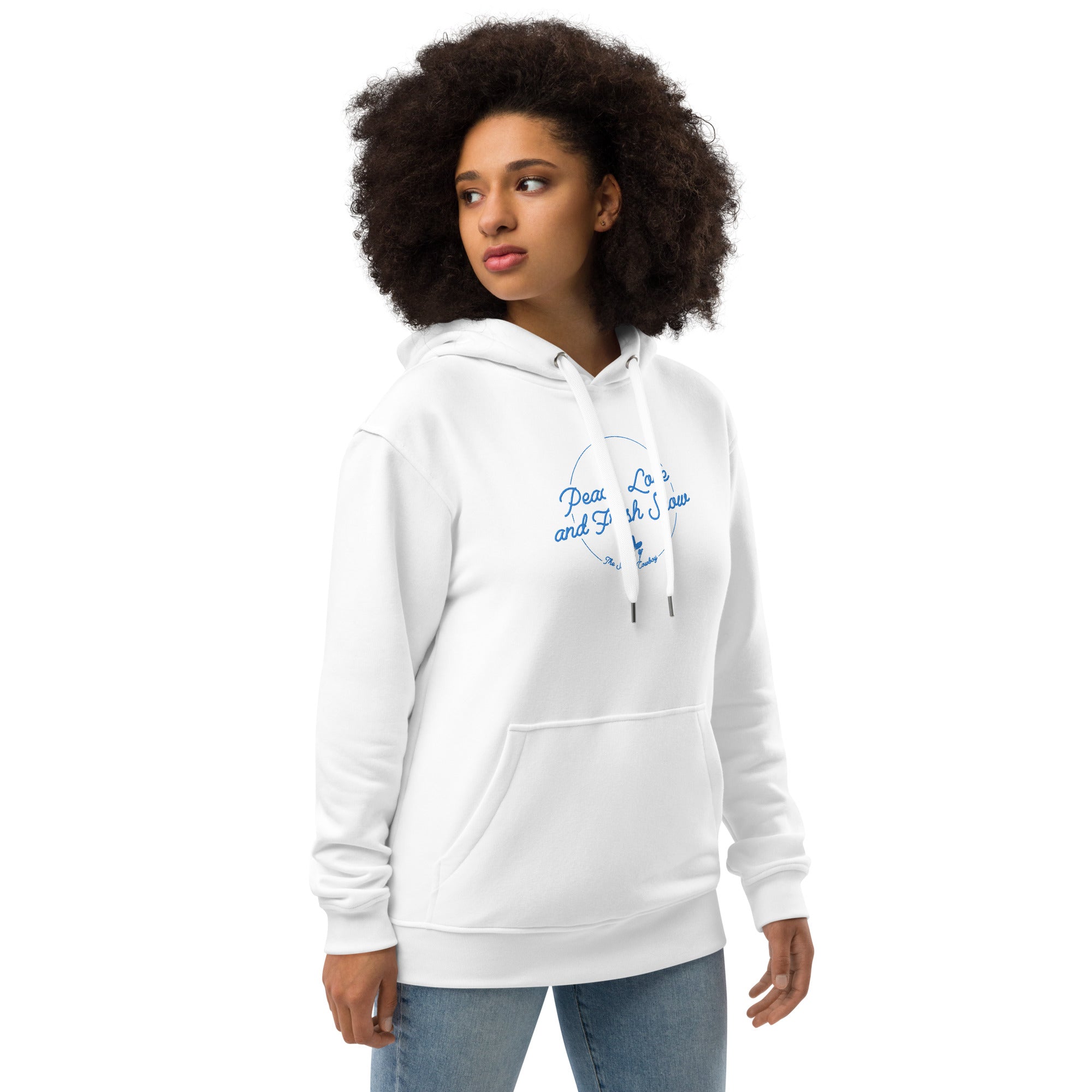 Sweat à capuche premium écologique Peace, Love and Fresh Snow brodé