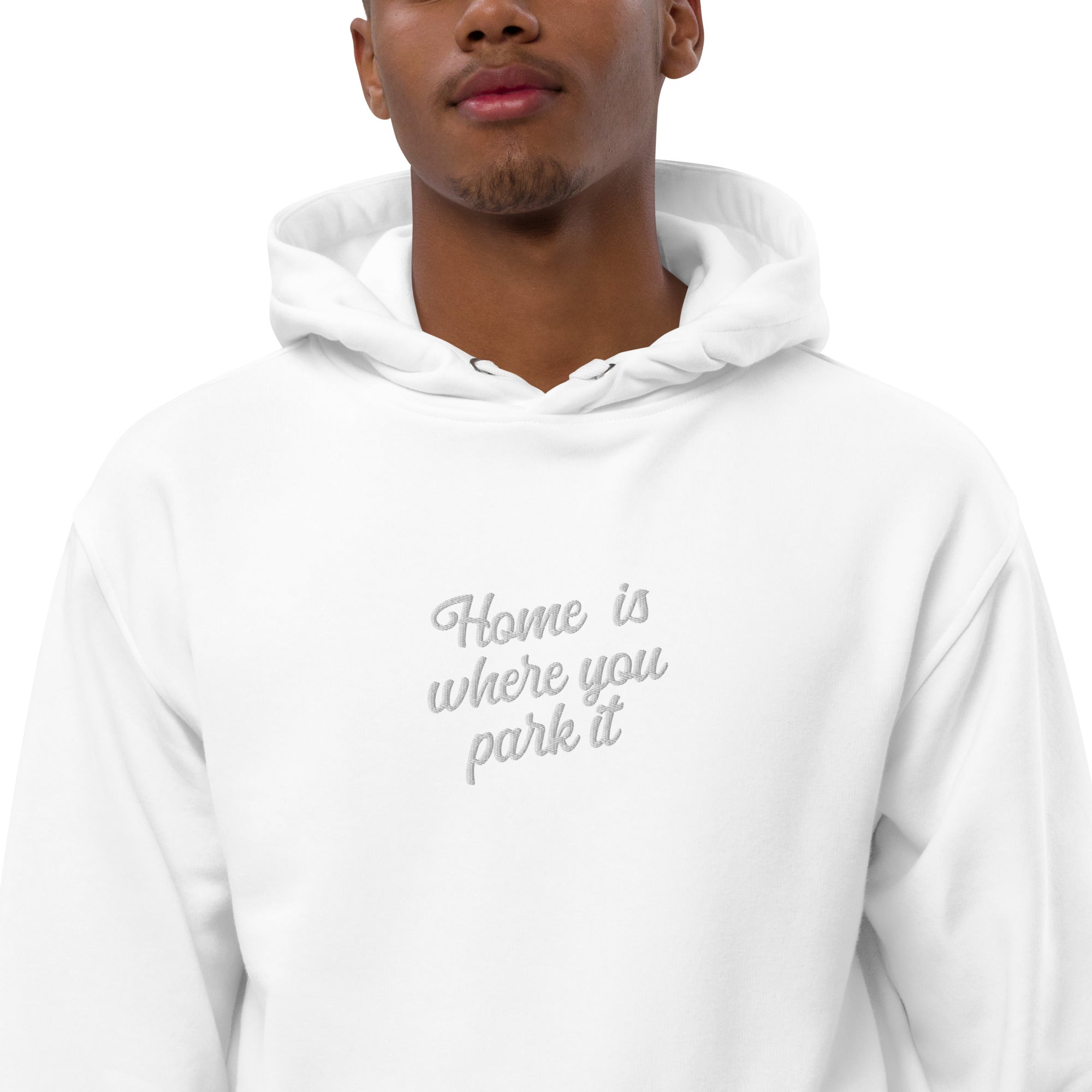 Premium eco hoodie Square Vintage Campers Home is where you park it white embroidered pattern