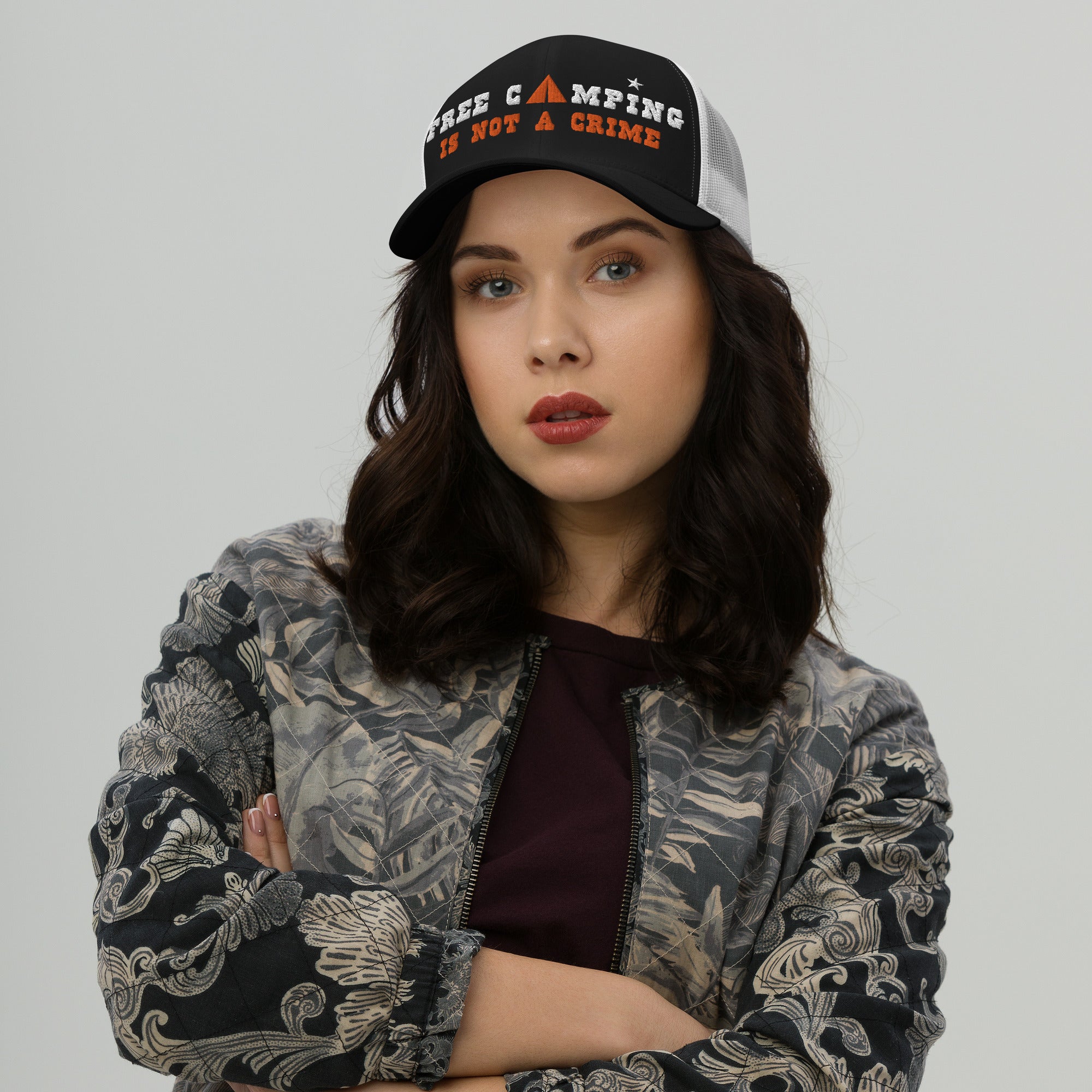 Two-Tone Retro Trucker Cap Free camping is not a crime white/orange