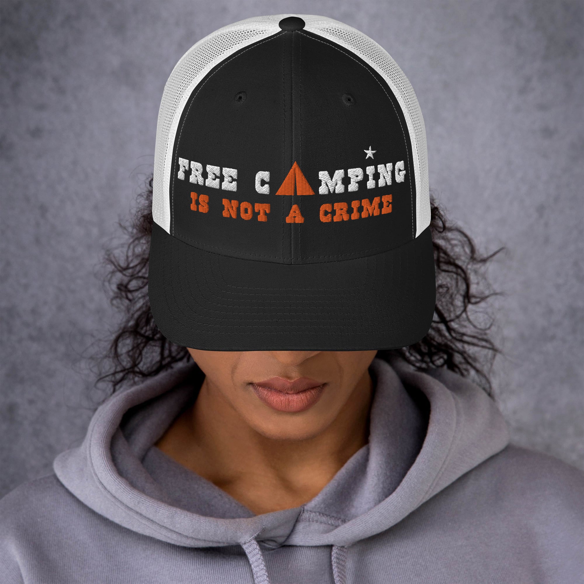 Two-Tone Retro Trucker Cap Free camping is not a crime white/orange