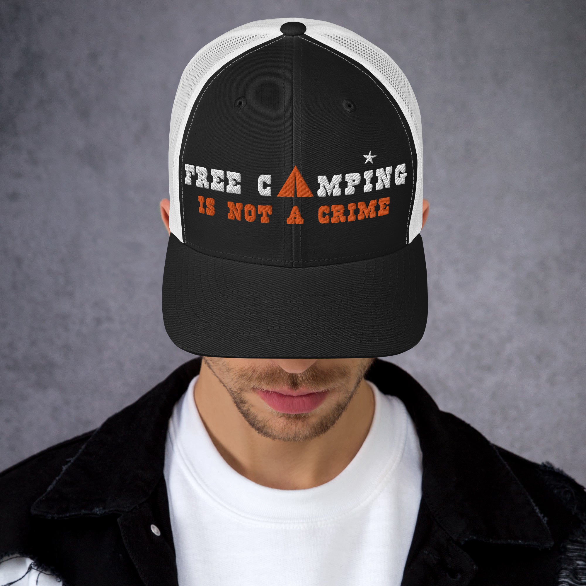 Two-Tone Retro Trucker Cap Free camping is not a crime white/orange