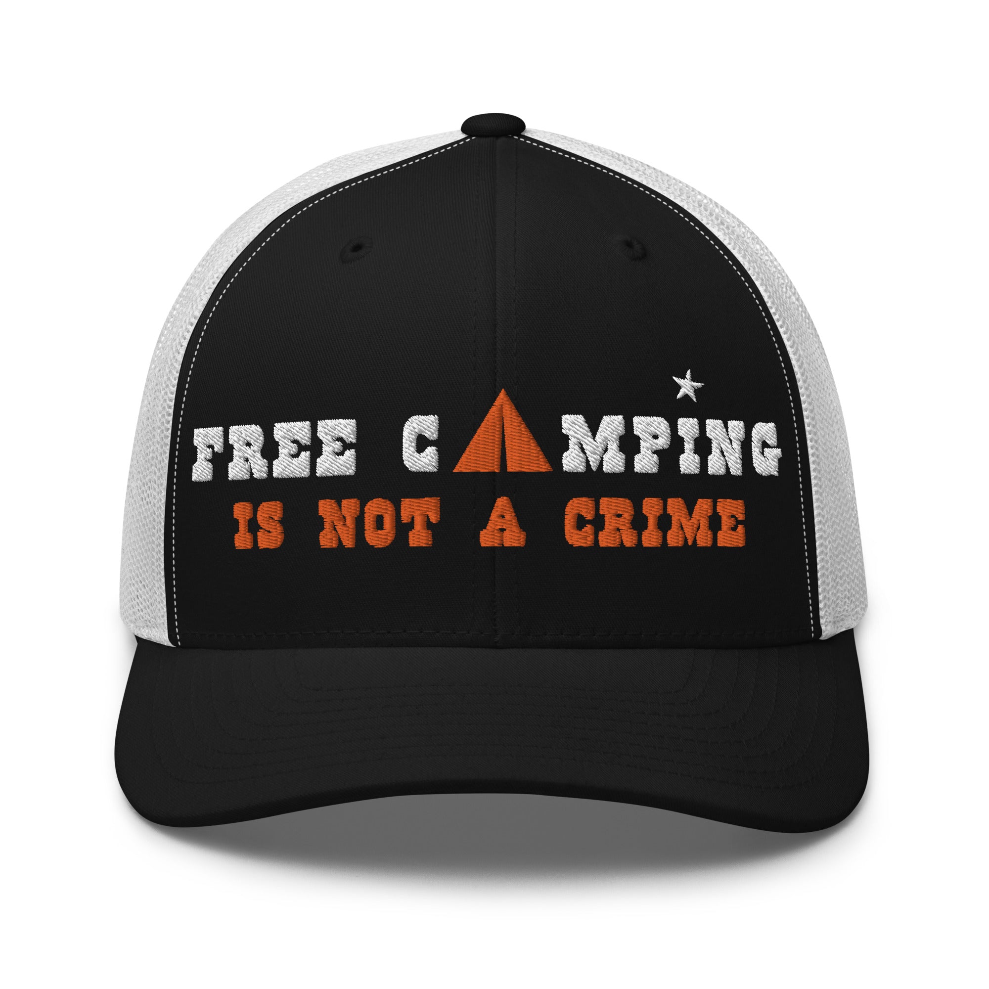 Two-Tone Retro Trucker Cap Free camping is not a crime white/orange