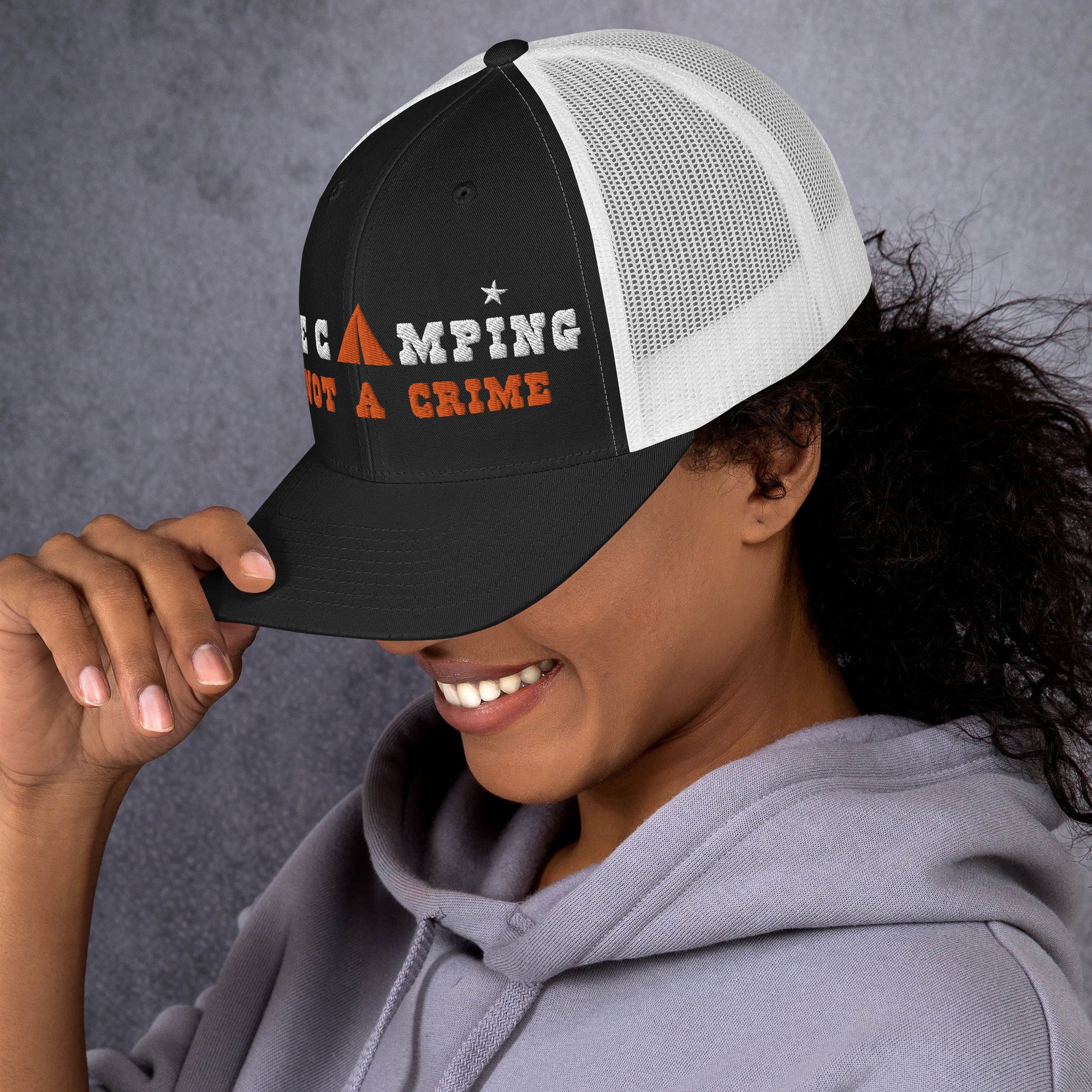 Two-Tone Retro Trucker Cap Free camping is not a crime white/orange