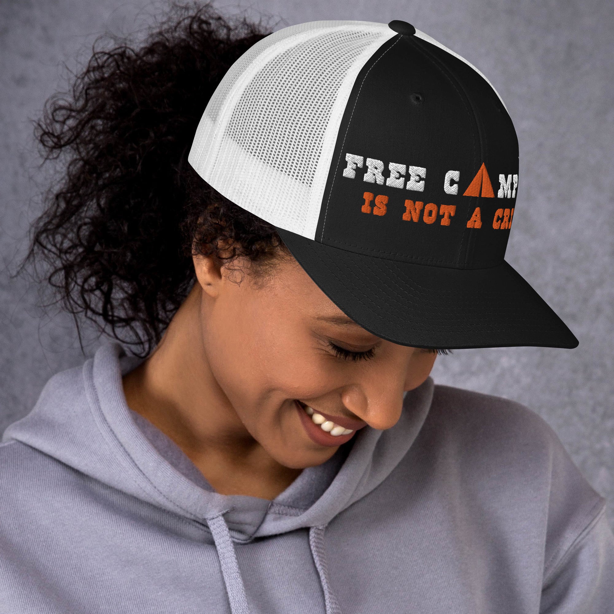 Two-Tone Retro Trucker Cap Free camping is not a crime white/orange