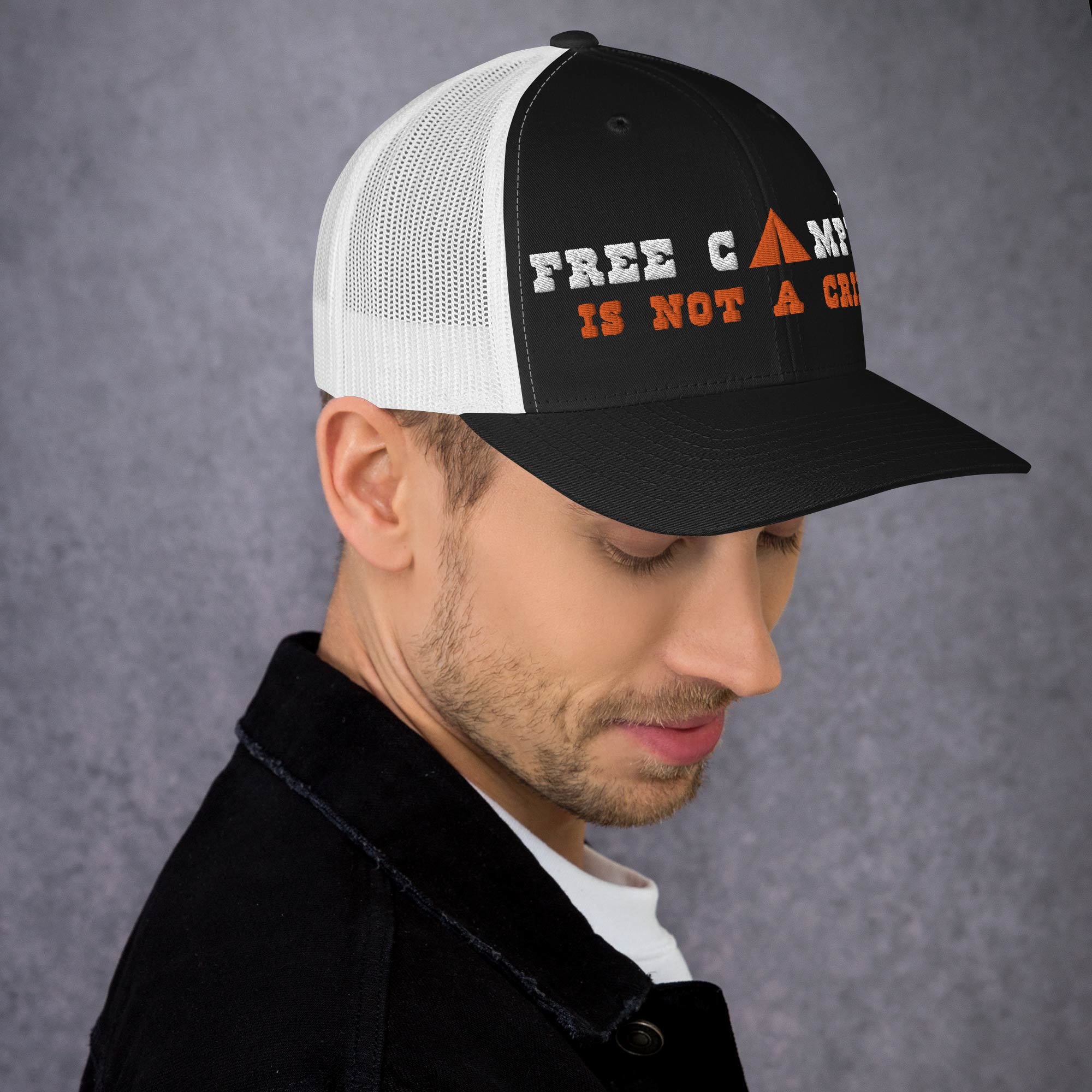 Two-Tone Retro Trucker Cap Free camping is not a crime white/orange