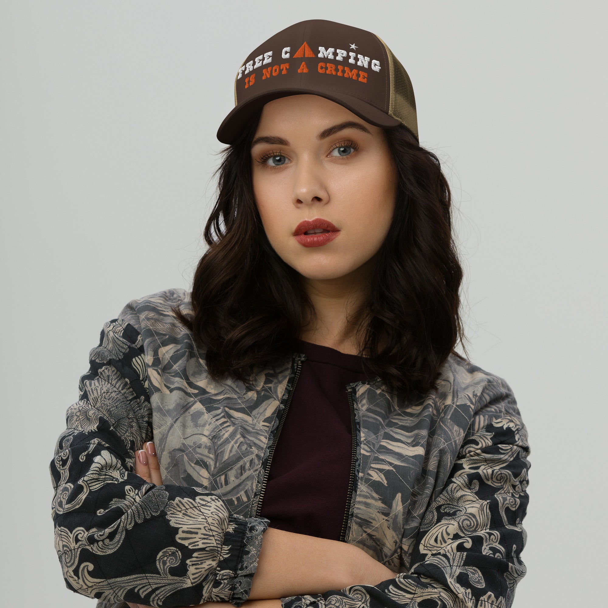 Two-Tone Retro Trucker Cap Free camping is not a crime white/orange