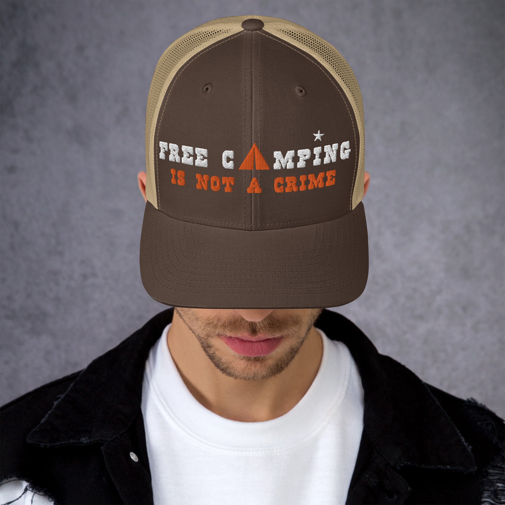 Two-Tone Retro Trucker Cap Free camping is not a crime white/orange