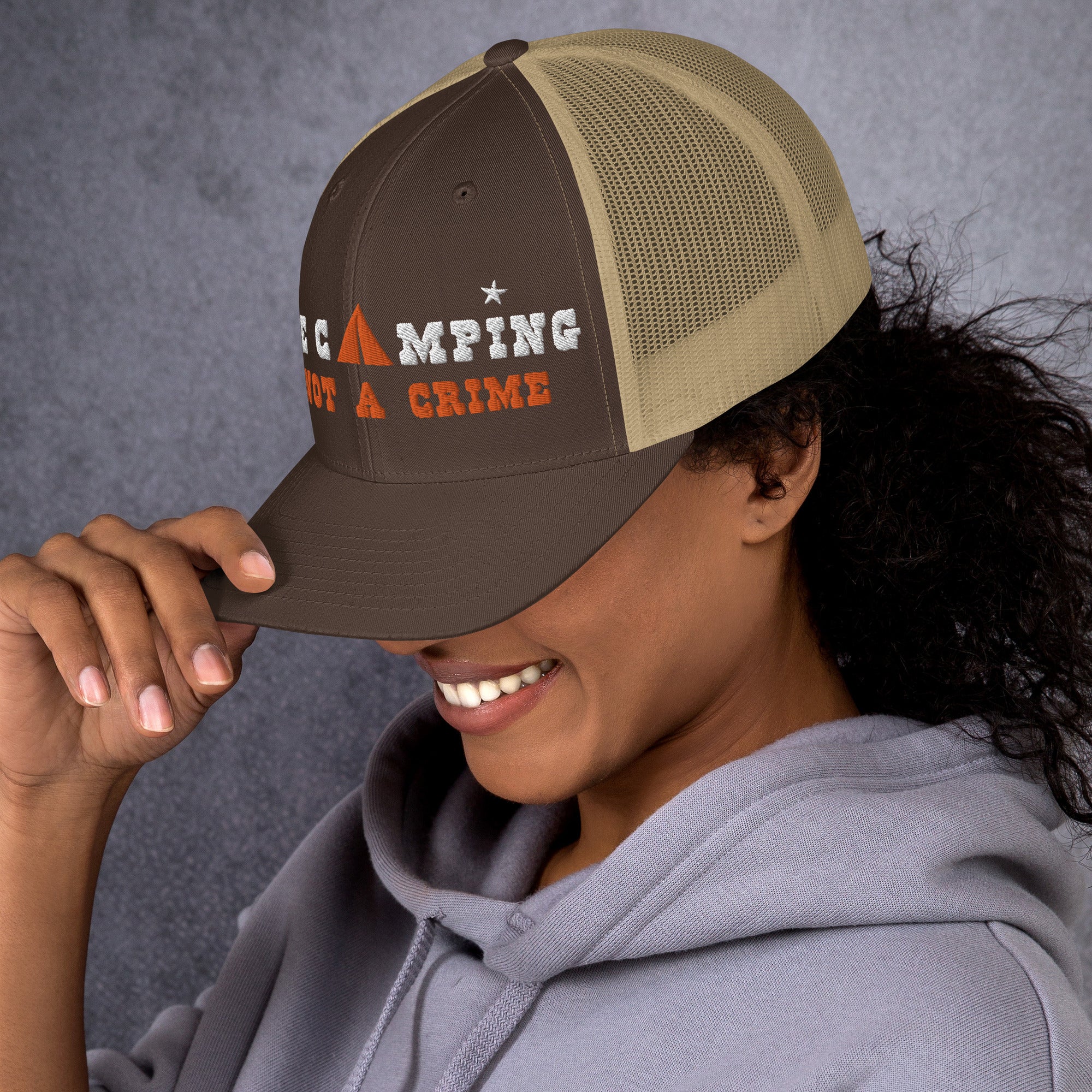 Two-Tone Retro Trucker Cap Free camping is not a crime white/orange