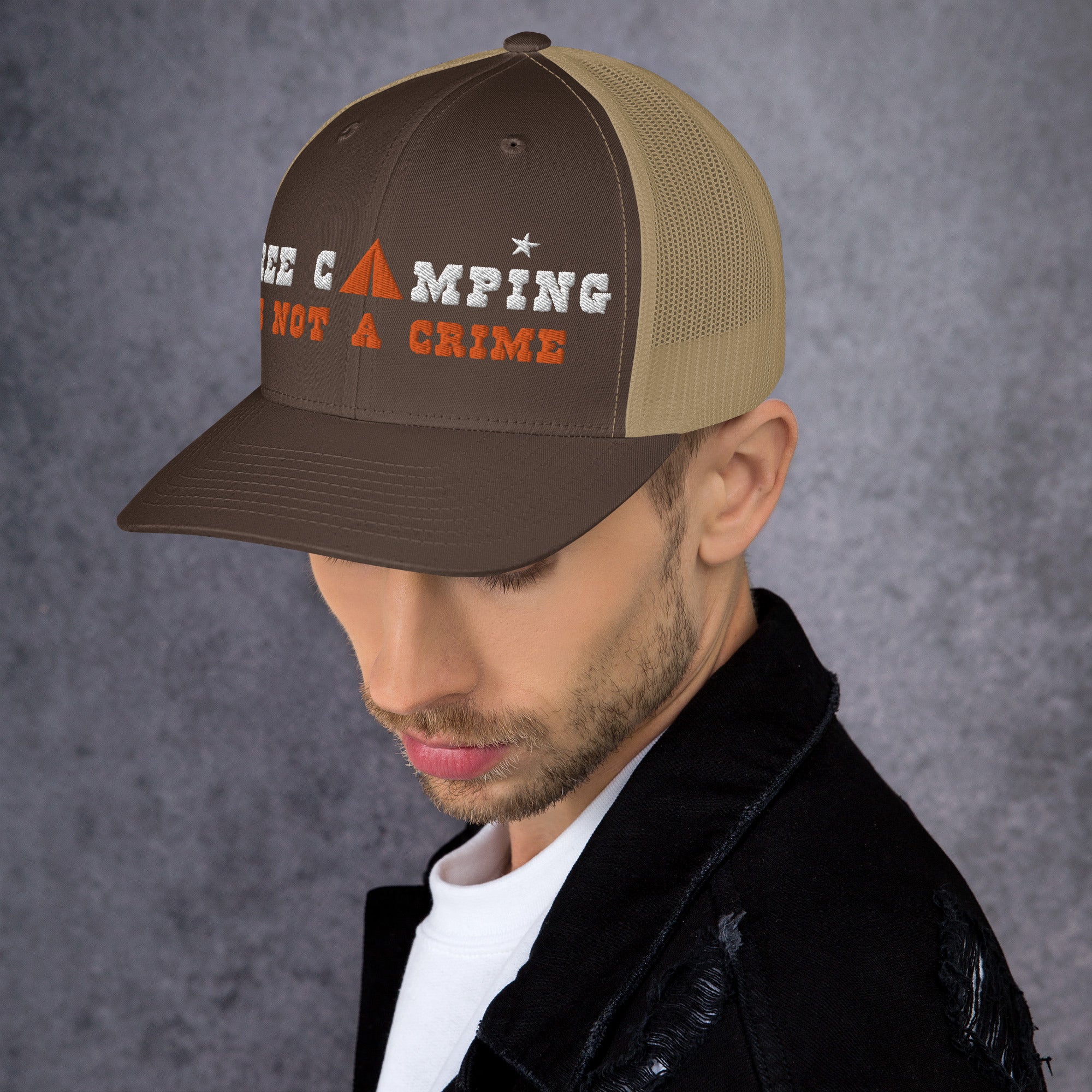 Two-Tone Retro Trucker Cap Free camping is not a crime white/orange