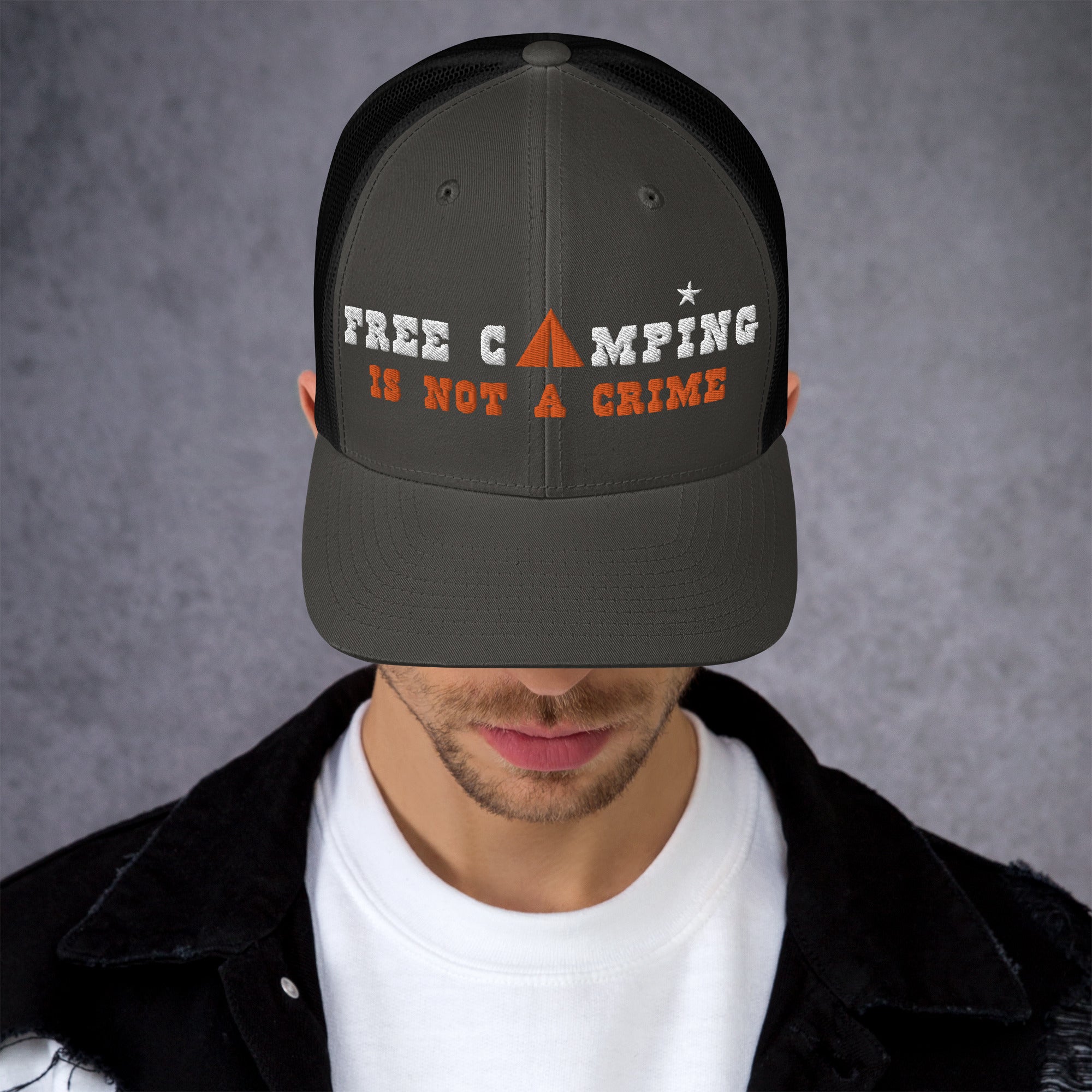 Two-Tone Retro Trucker Cap Free camping is not a crime white/orange