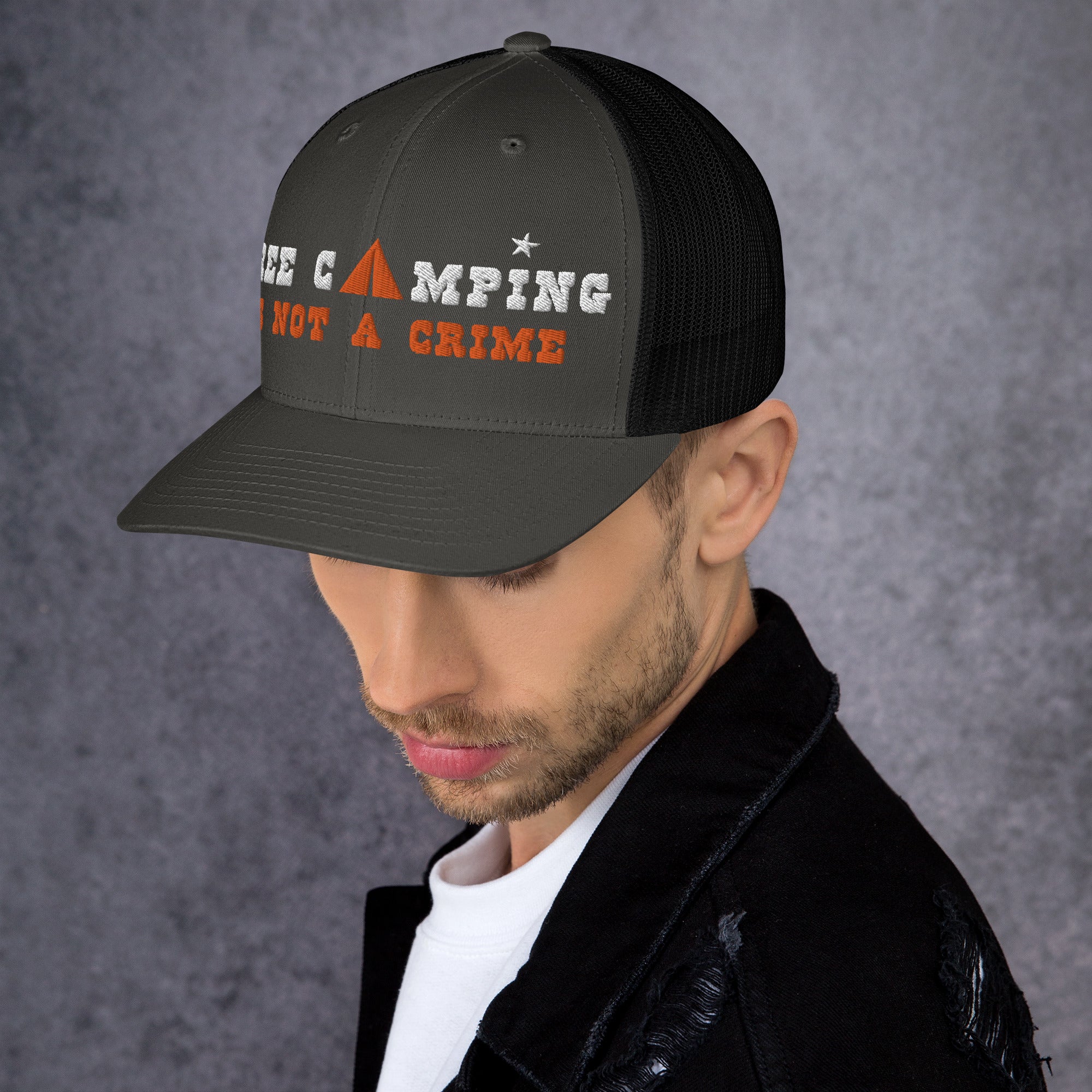 Two-Tone Retro Trucker Cap Free camping is not a crime white/orange