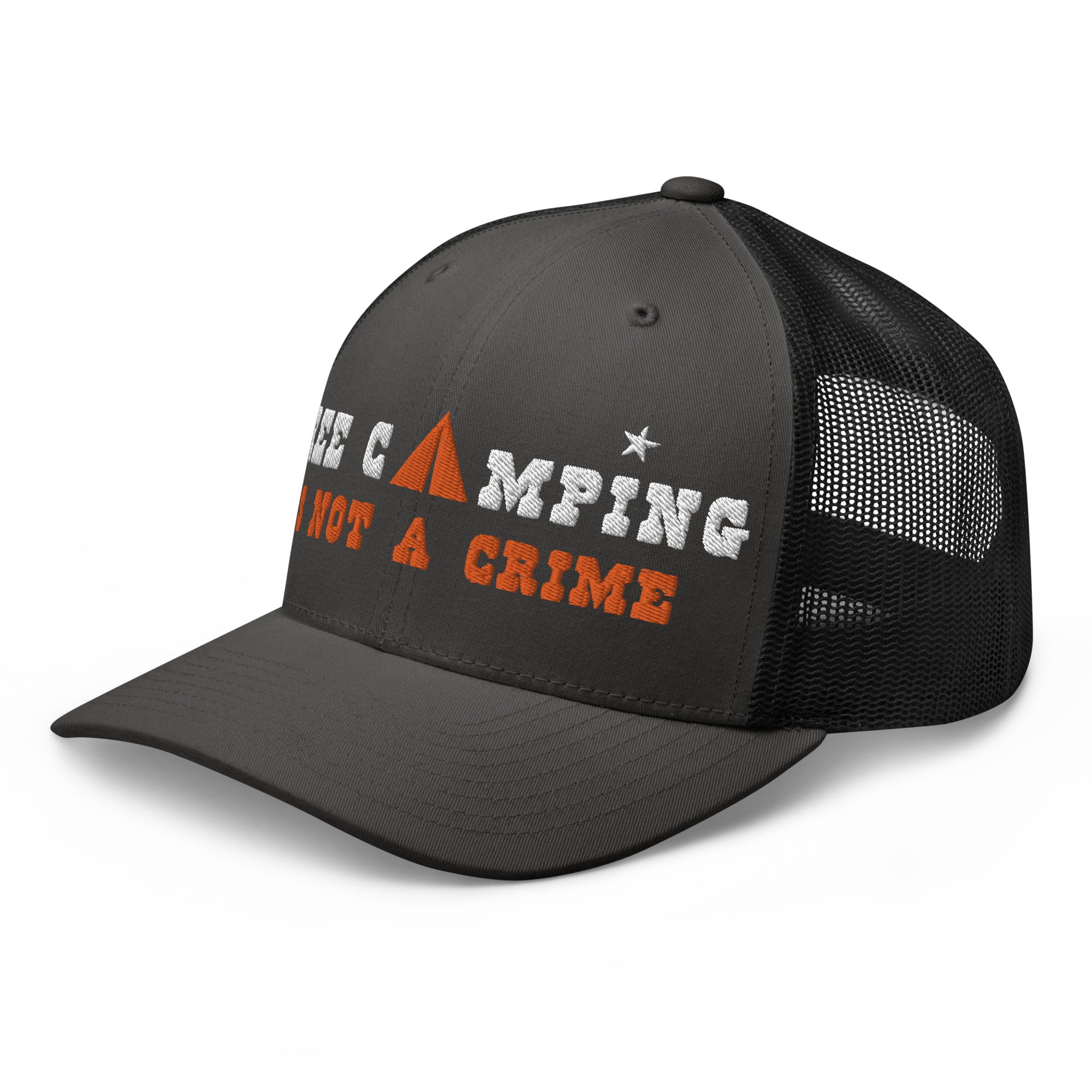 Two-Tone Retro Trucker Cap Free camping is not a crime white/orange