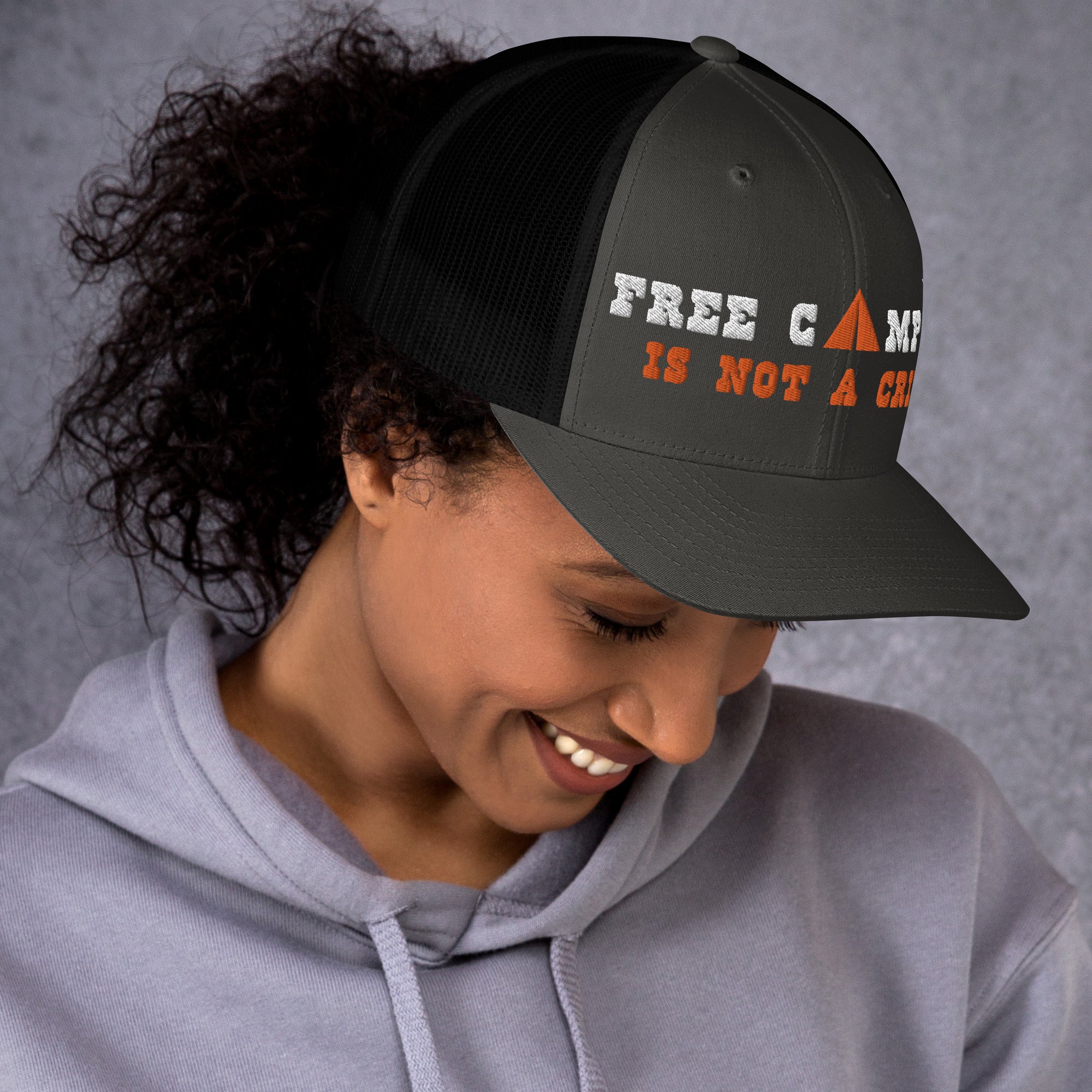 Two-Tone Retro Trucker Cap Free camping is not a crime white/orange