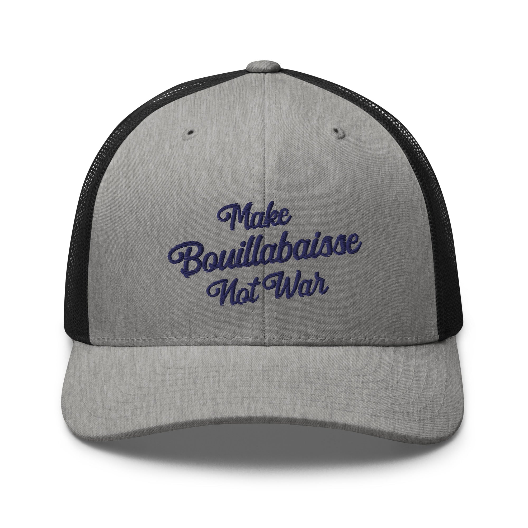 Casquette trucker rétro bicolore Make Bouillabaisse Not War Navy 3DPuffy