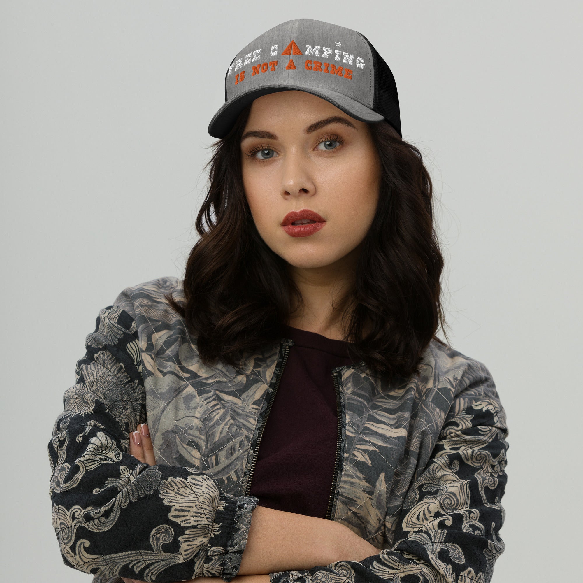 Two-Tone Retro Trucker Cap Free camping is not a crime white/orange