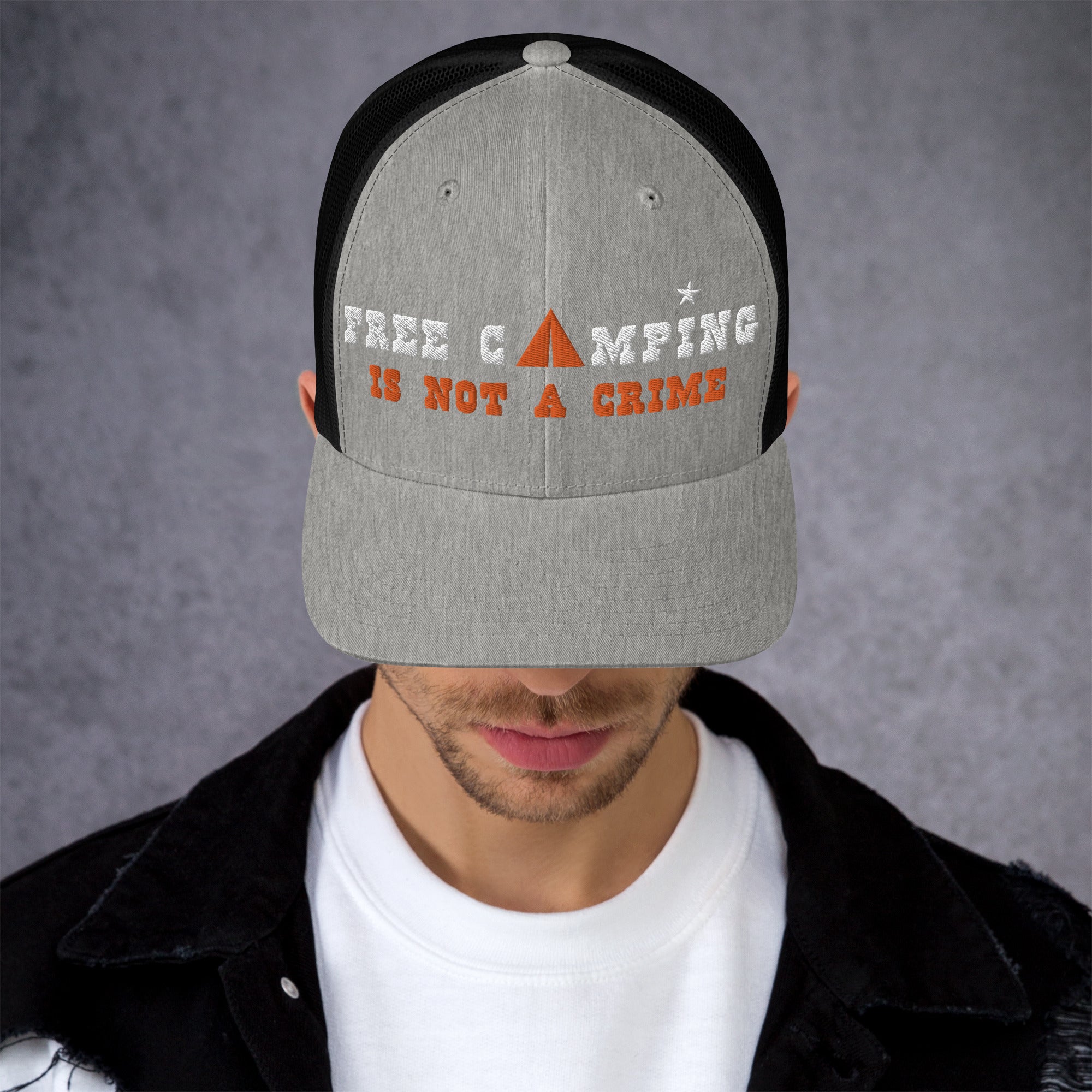 Two-Tone Retro Trucker Cap Free camping is not a crime white/orange